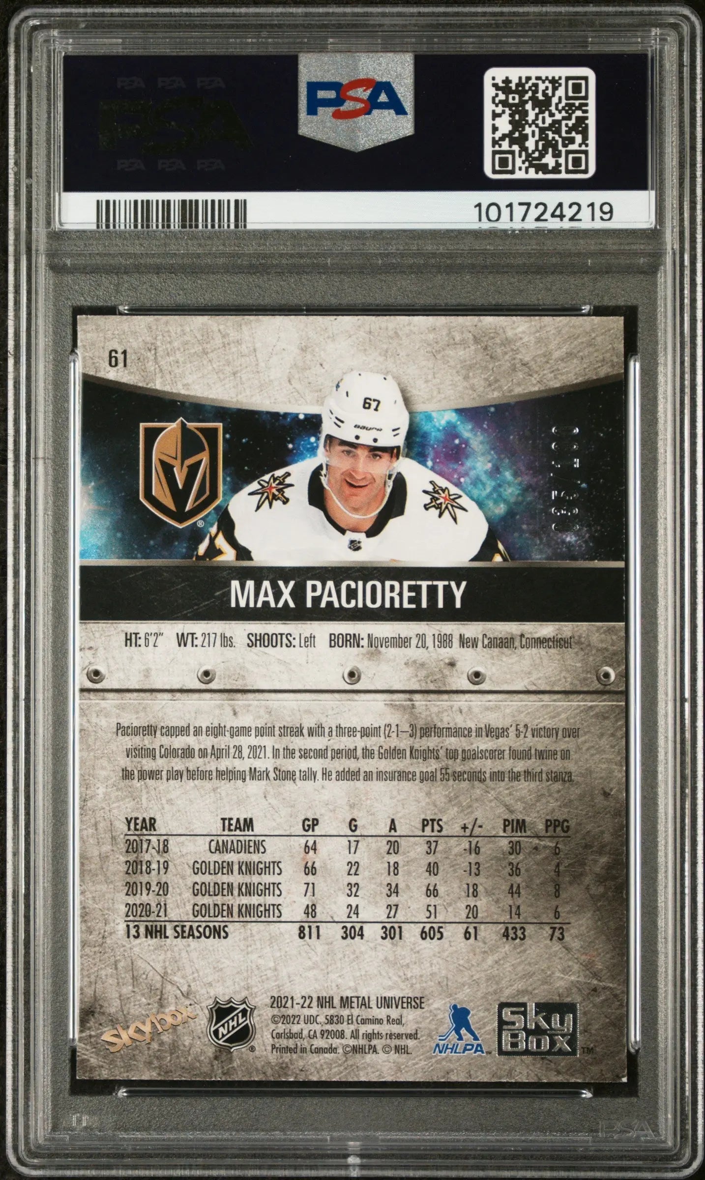 2021-22 Skybox Metal Universe Max Pacioretty Precious Metal Gems Red PSA 8 /100 Hockey Trading Card - Rare Collectible for NHL Fans & Sports Memorabilia Enthusiasts