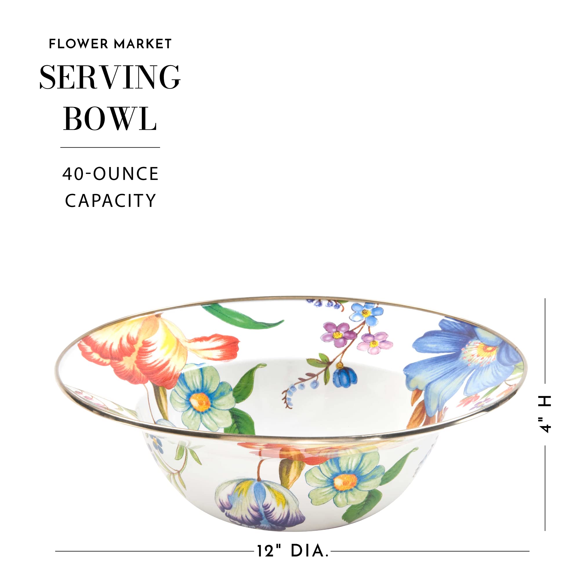 MACKENZIE-CHILDS 12-Inch Enamel Serving Bowl - White Flower Market Design - Durable Enamel Serveware for Entertaining, Dining & Kitchen Decor - Perfect for Salads, Pasta, Fruit & Party Displays