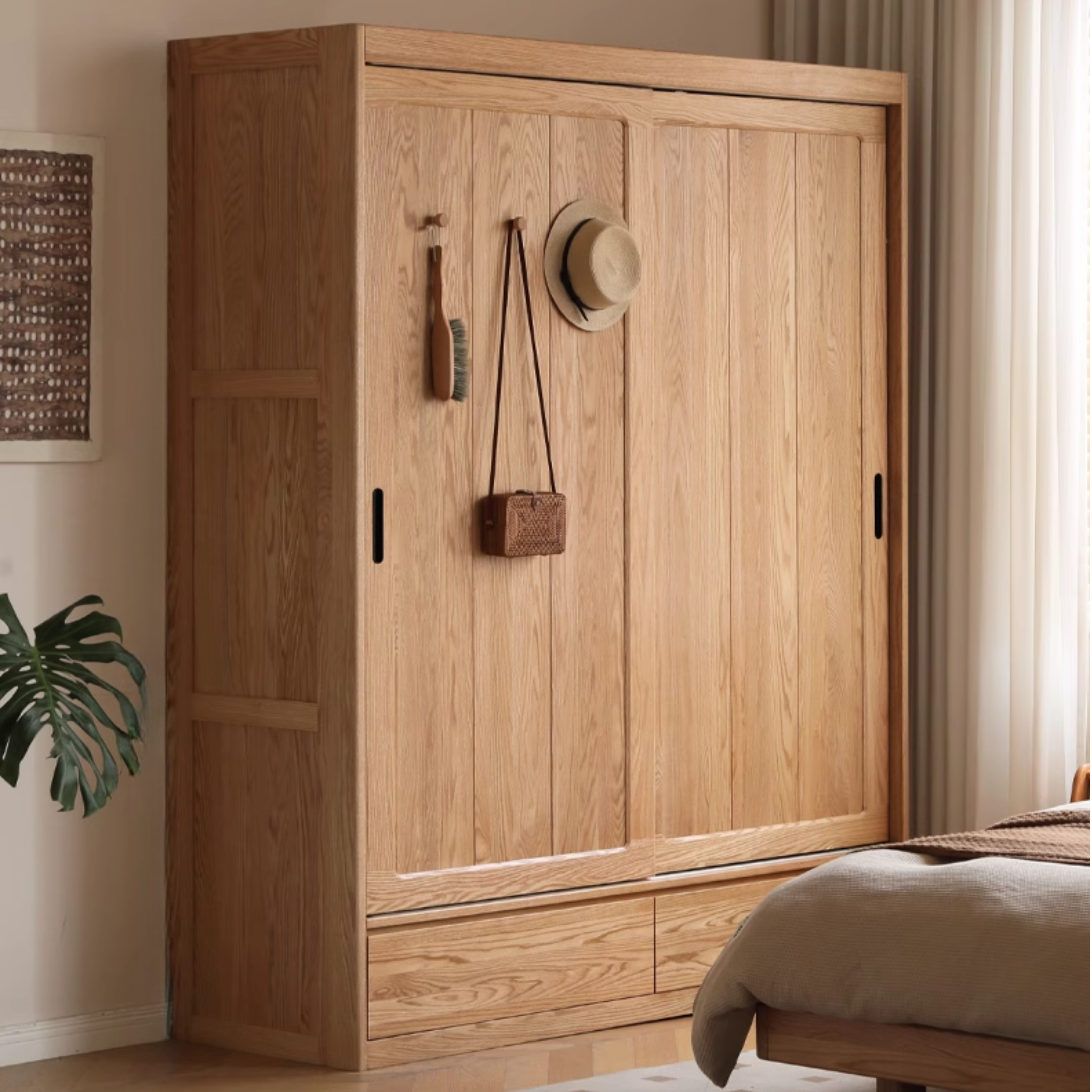 Modern Solid Oak Wood Sliding Door Wardrobe - Durable & Stylish Closet Organizer for Bedroom, Living Room, and Office Storage