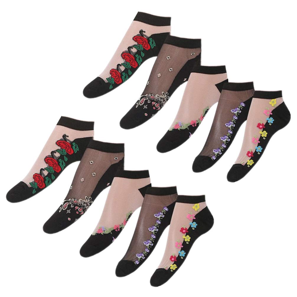PRETYZOOM 5 Pairs Women's Silk Short Socks - Black Fishnet, Darknet, Crystal Silk, Cotton & Rose Flower Embroidered Socks for Casual Wear, Party, Date Night and Everyday Fashion