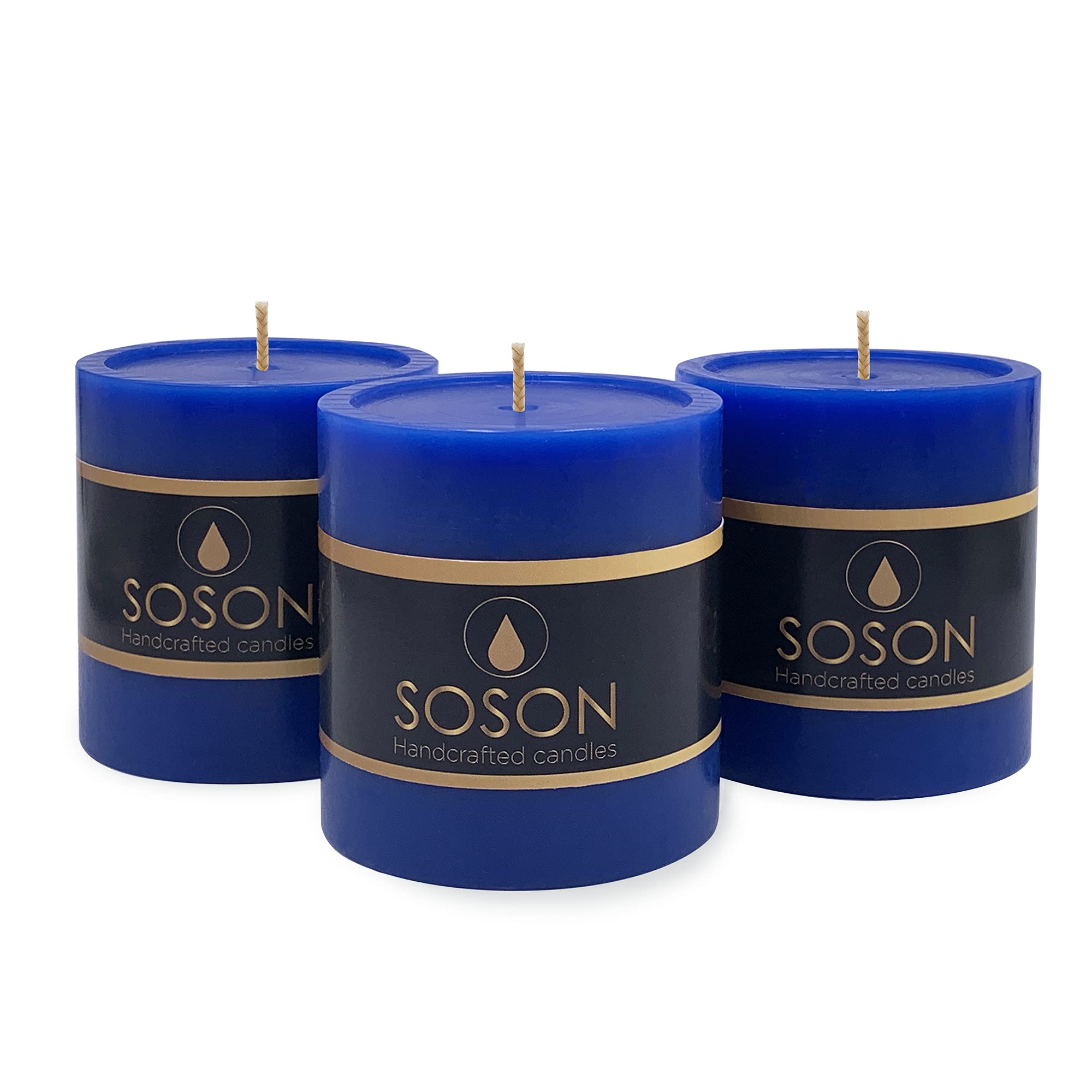 Premium 3x3 Inch Blue Pillar Candles - Set of 3 Unscented Decorative Candles for Home Decor & Weddings