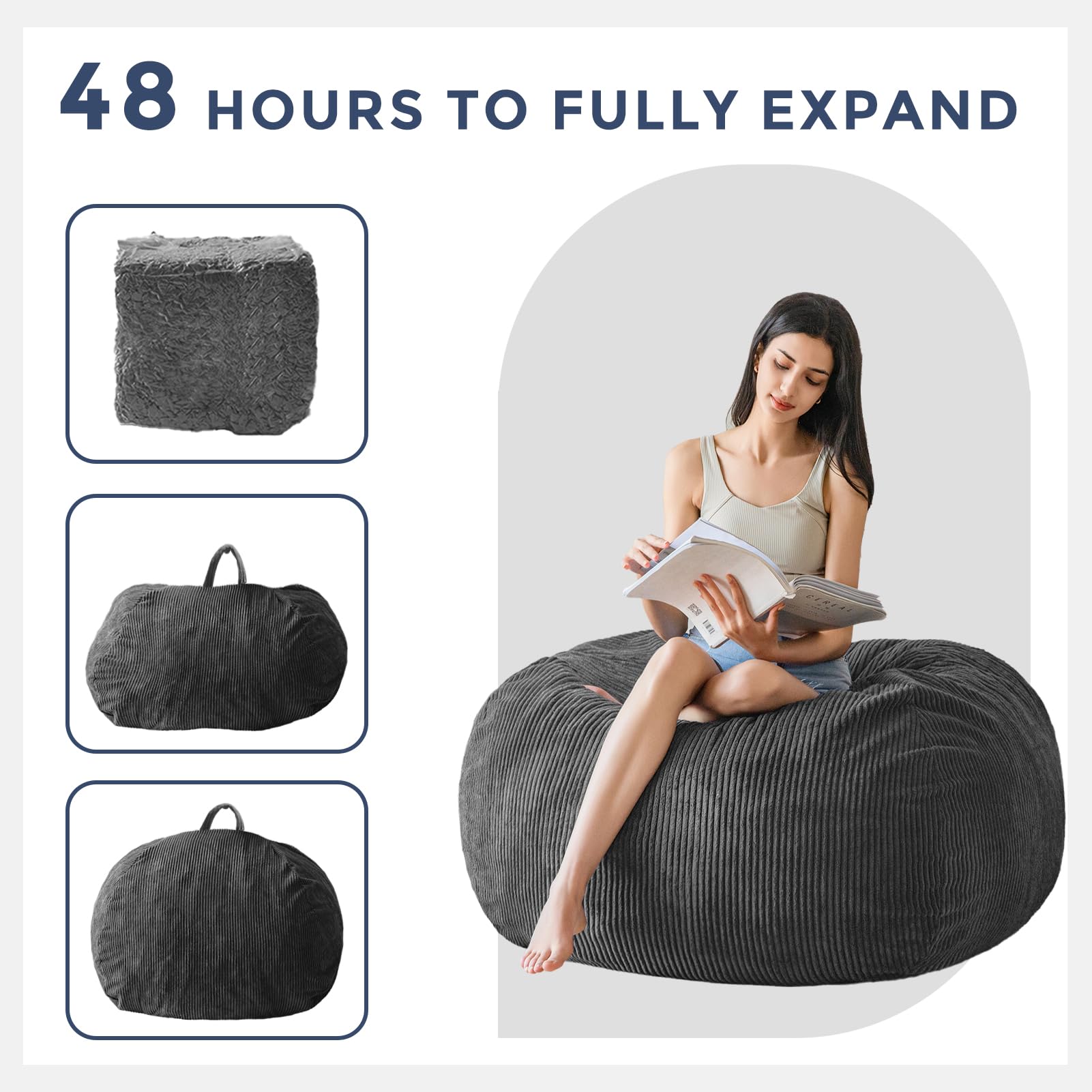 MAXYOYO 3ft Corduroy Bean Bag Chair for Adults - Ultra Soft Fur Lazy Sofa in Dark Grey | Perfect for Living Room, Bedroom & Game Room Relaxation