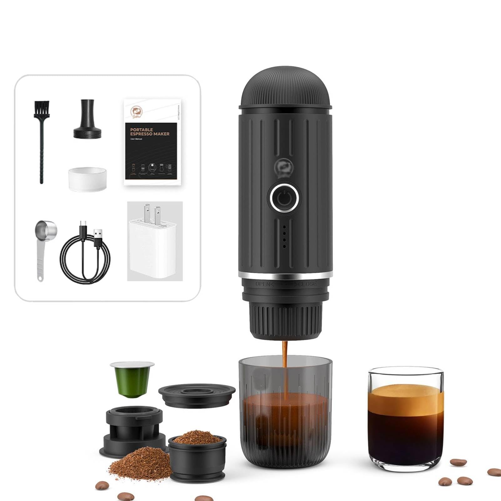 Portable Espresso Maker - 12V Rechargeable Electric Coffee Machine with 3-4 Minute Fast Self-Heating, 19 Bar Pressure, Compatible with Nespresso Capsules & Ground Coffee - Perfect for Car, Camping, Travel, Office & Outdoor Adventures