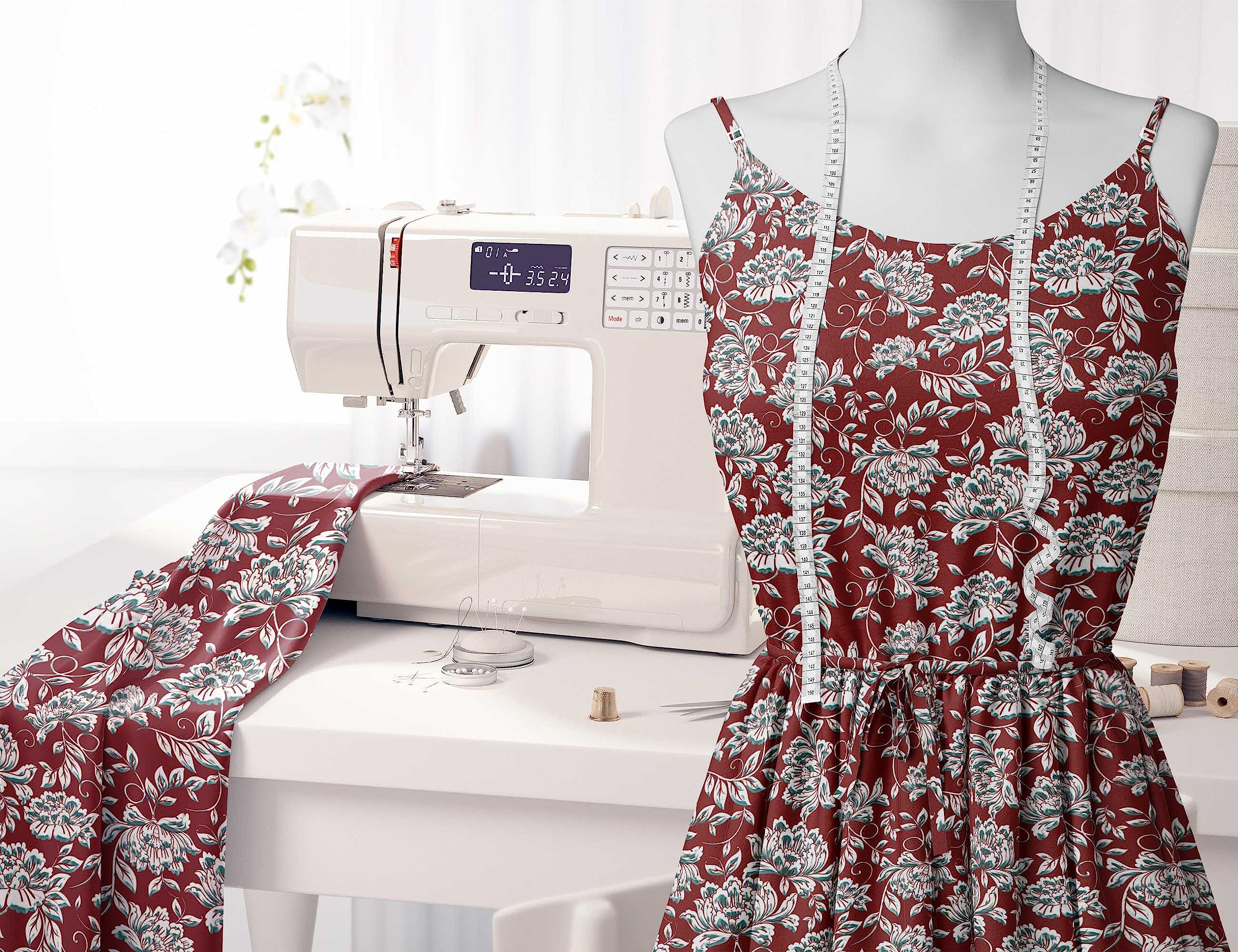 Soimoi Moss Georgette Red Fabric by The Yard - 42 Inch Wide Printed Fabric with Artistic Leaf & Floral Design for Dresses, Scarves, Home Decor and DIY Fashion Projects