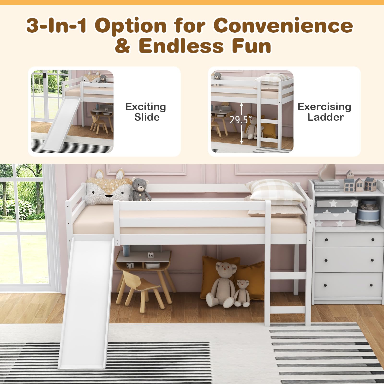**Giantex Twin Loft Bed with Slide - Wooden Low Loft Bed for Kids & Toddlers - Twin Bed Frame with Climbing Ladder & Storage - No Box Spring Needed - White - Perfect for Small Bedrooms, Playrooms & Sleepovers**