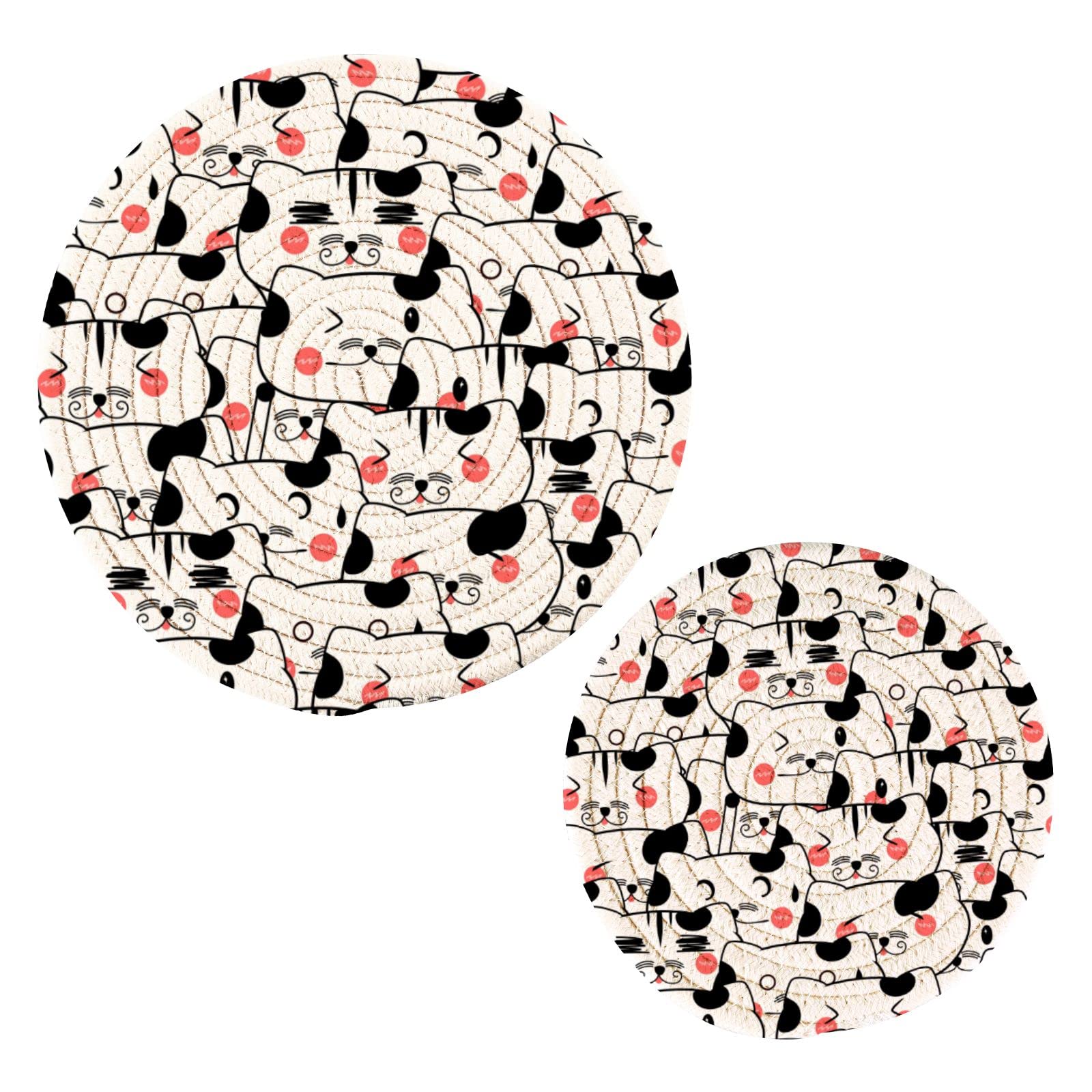 Cute Tabby Cat Pot Holders & Trivets Set of 2 - Heat Resistant Kitchen Trivets for Hot Dishes, Pans & Bowls - Funny Cartoon Cotton Woven Hot Pads - Perfect for Kitchen Decor & Gift Giving