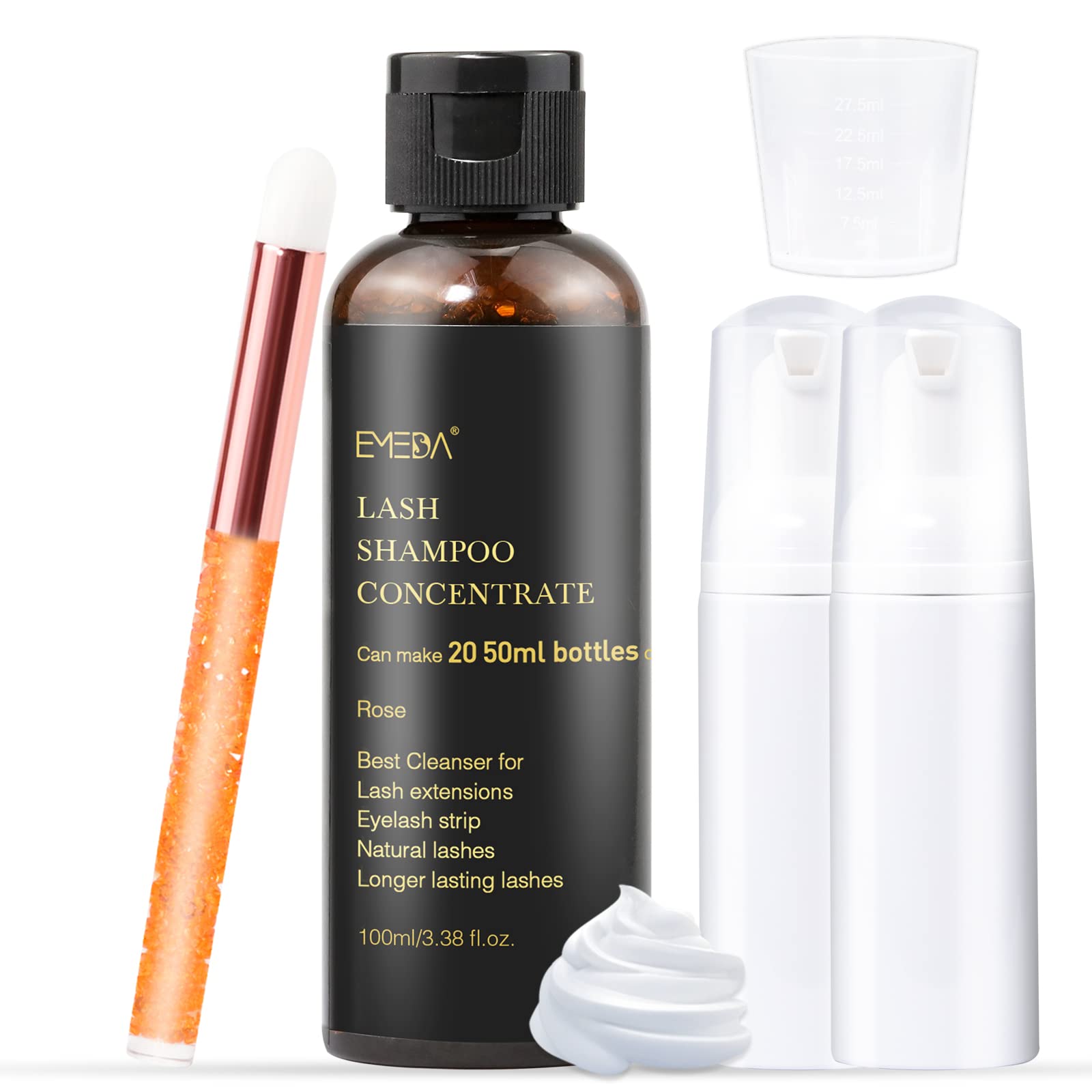 EMEDA Lash Shampoo Concentrate for Eyelash Extensions - 100ml Professional Eyelash Cleanser with Brush Bottle, Foam Soap & Lash Bath Solution (Rose Scented) - Makes 20 Bottles of 50ml Shampoo - Perfect for Salon, Spa & Home Eyelash Care