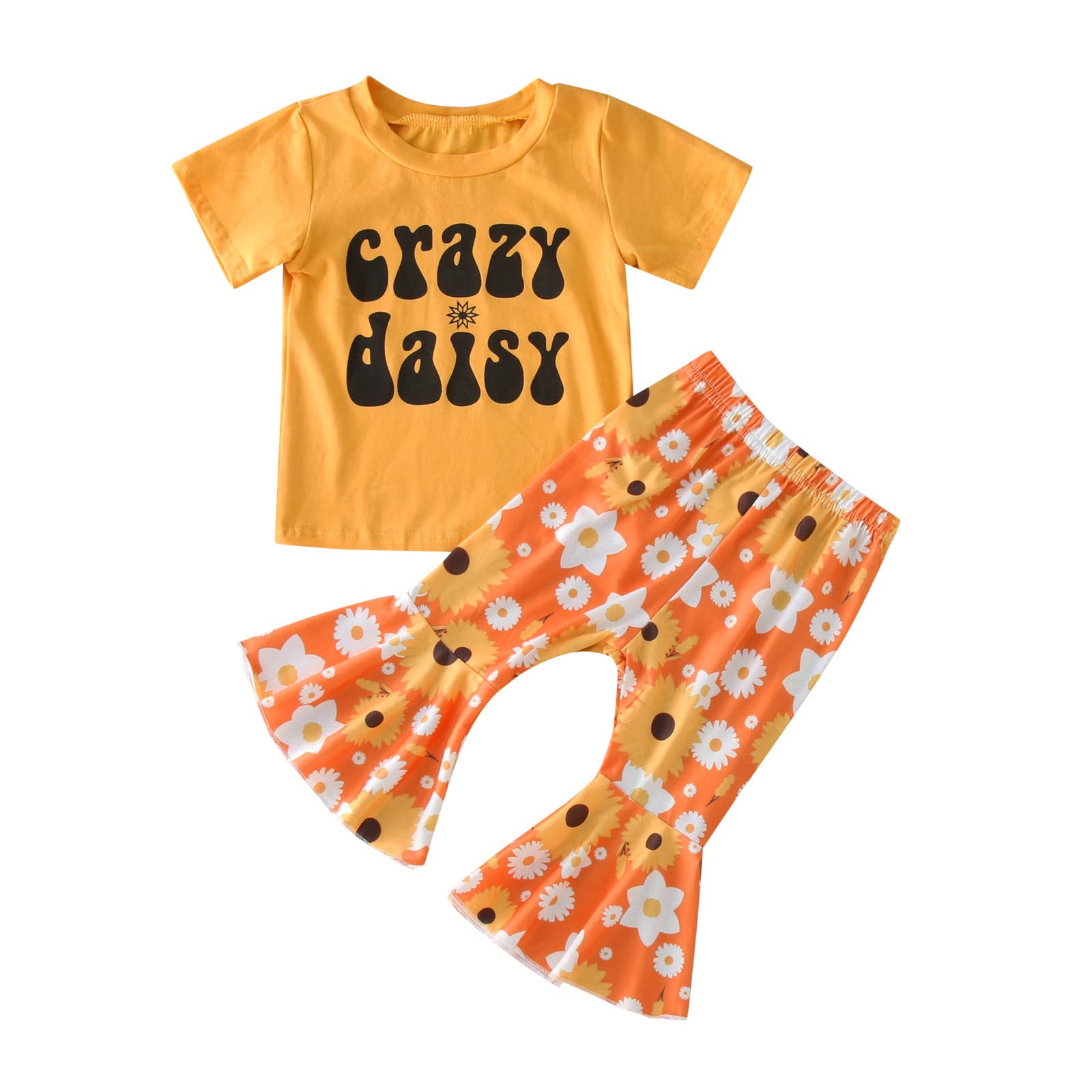 Girls' Summer Outfit Set - Short Sleeve Letter T-Shirt & Daisy Floral Flared Pants (Orange, 12 Months) | Toddler Baby Clothes Size 14-16 | Perfect for Playdates, Beach Trips & Casual Wear