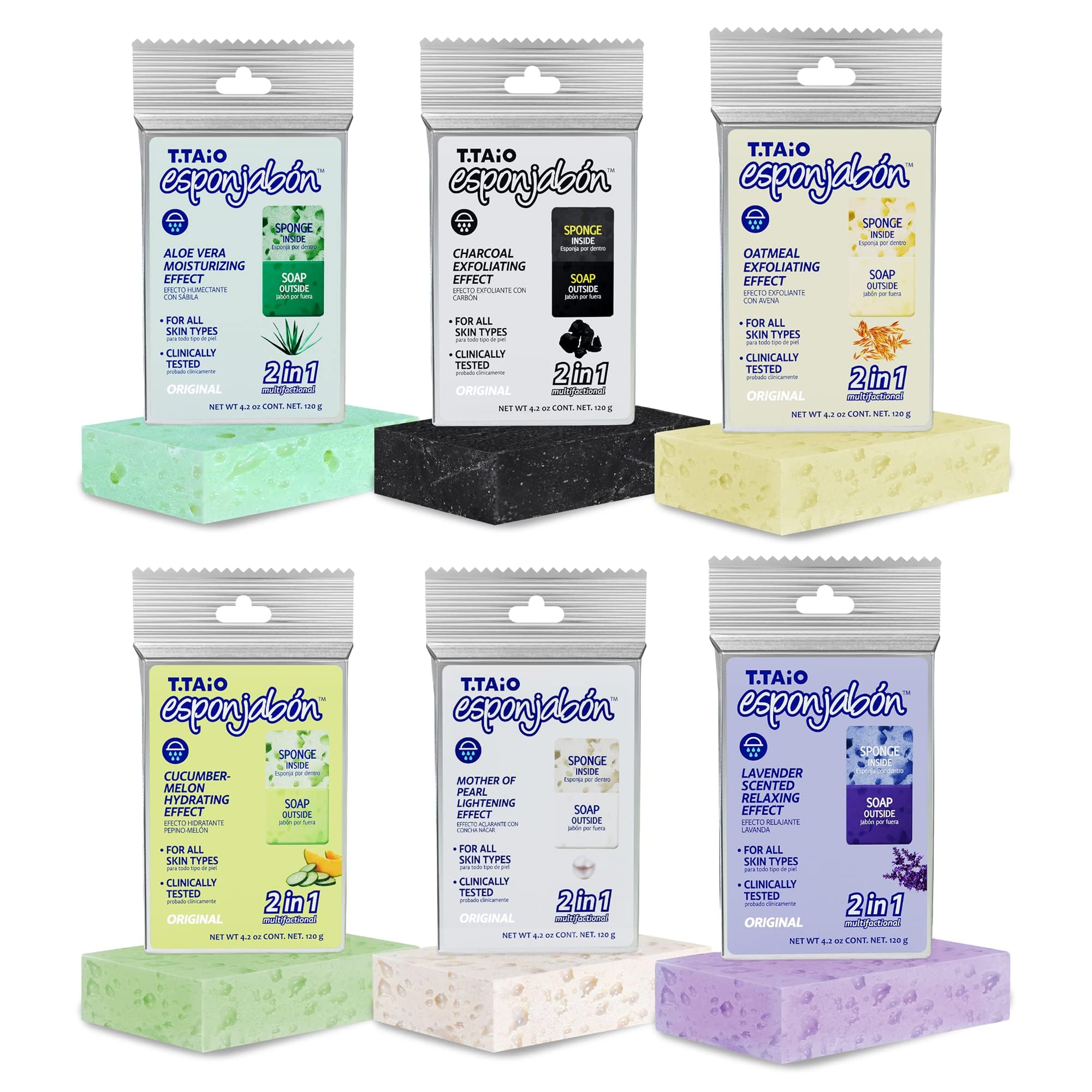 T.Taio Exfoliating Soap Sponge Variety Pack - 6 Pack with Mother of Pearl, Aloe Vera, Lavender, Charcoal, Cucumber-Melon & Oatmeal - Body Scrubber for Shower, Bath & Facial Cleansing - Perfect Bathroom Accessories for Spa-Like Experience at Home
