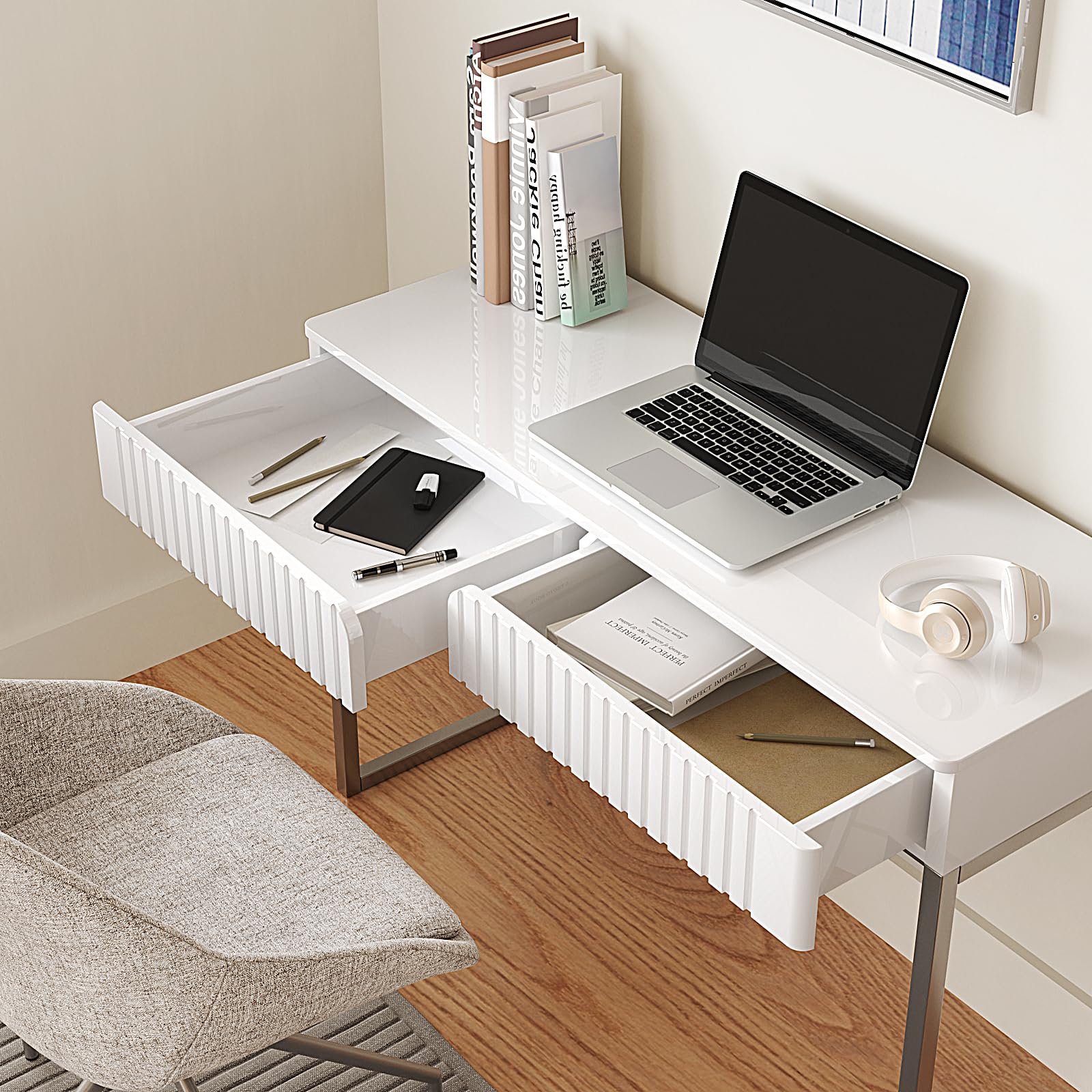 White Vanity Desk with 2 Drawers - Modern Silver & White Home Office Desk, Glossy Makeup Table with Wood Top & Metal Legs - Perfect for Writing, Computer Work & Standing Desk Setup in Bedroom or Office