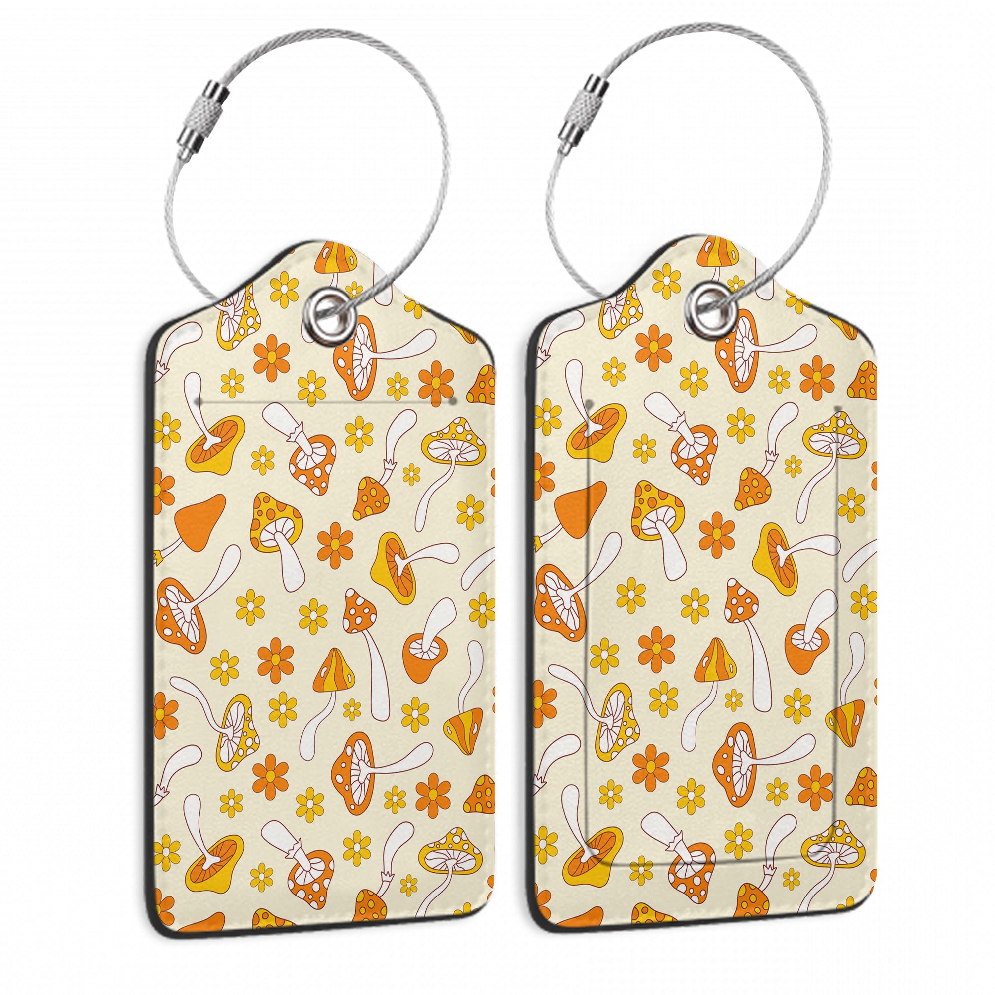 2 Pack Vintage 70s 80s Floral Hippie Mushroom Leather Luggage Tags - Waterproof Suitcase ID Tags with Privacy Cover & Steel Loop for Women Men Kids - Perfect for Travel, Airports, Cruise Ships and Backpacking