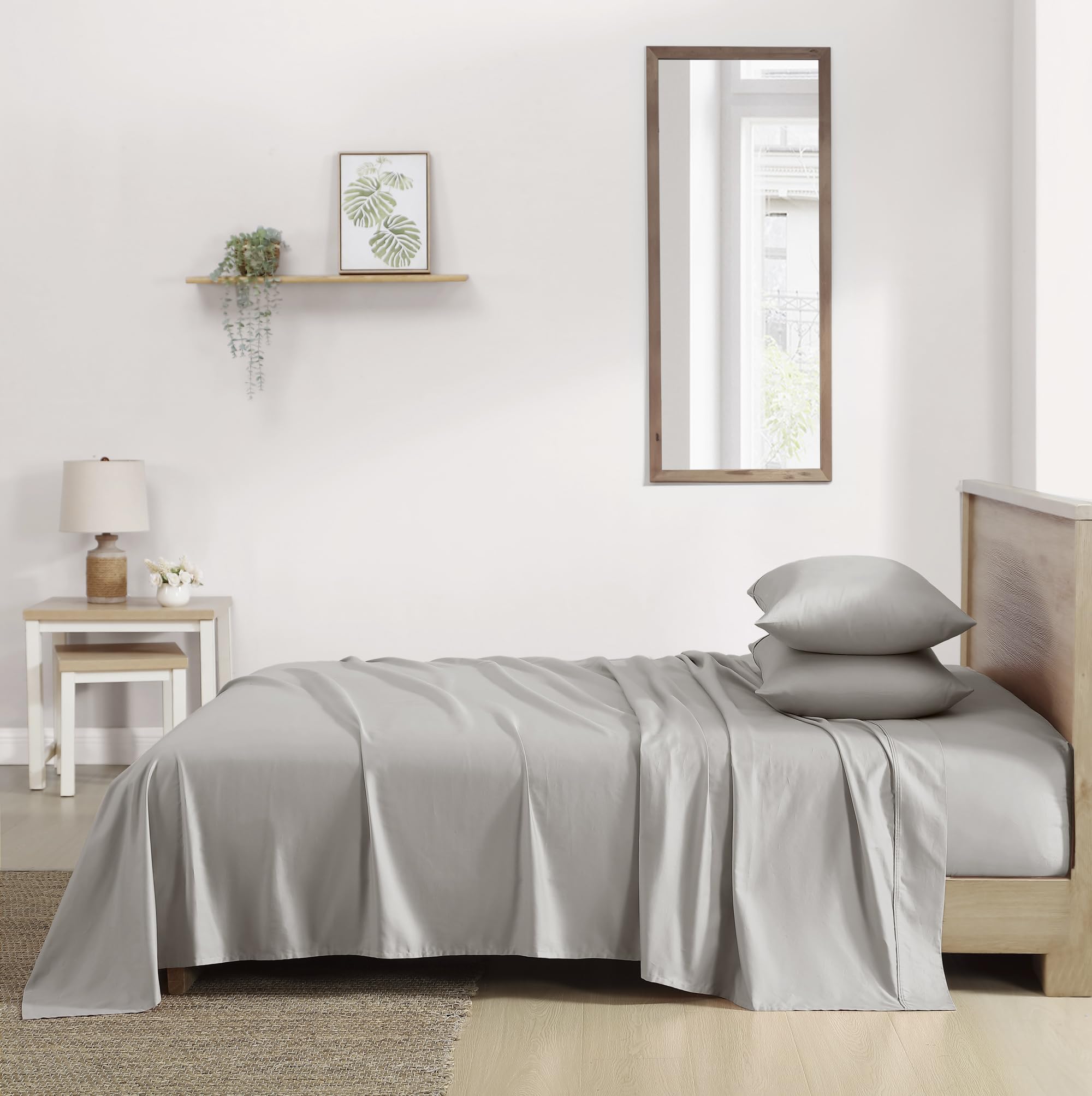 Brielle Home 400 Thread Count 100% Cotton Cooling Luxury Sateen Sheet Set - Twin Size, Vapor Grey - Hotel Quality Deep Pocket Bed Sheets for Ultimate Comfort & Breathable Sleep - Perfect for Bedrooms, Guest Rooms & Dorm Rooms