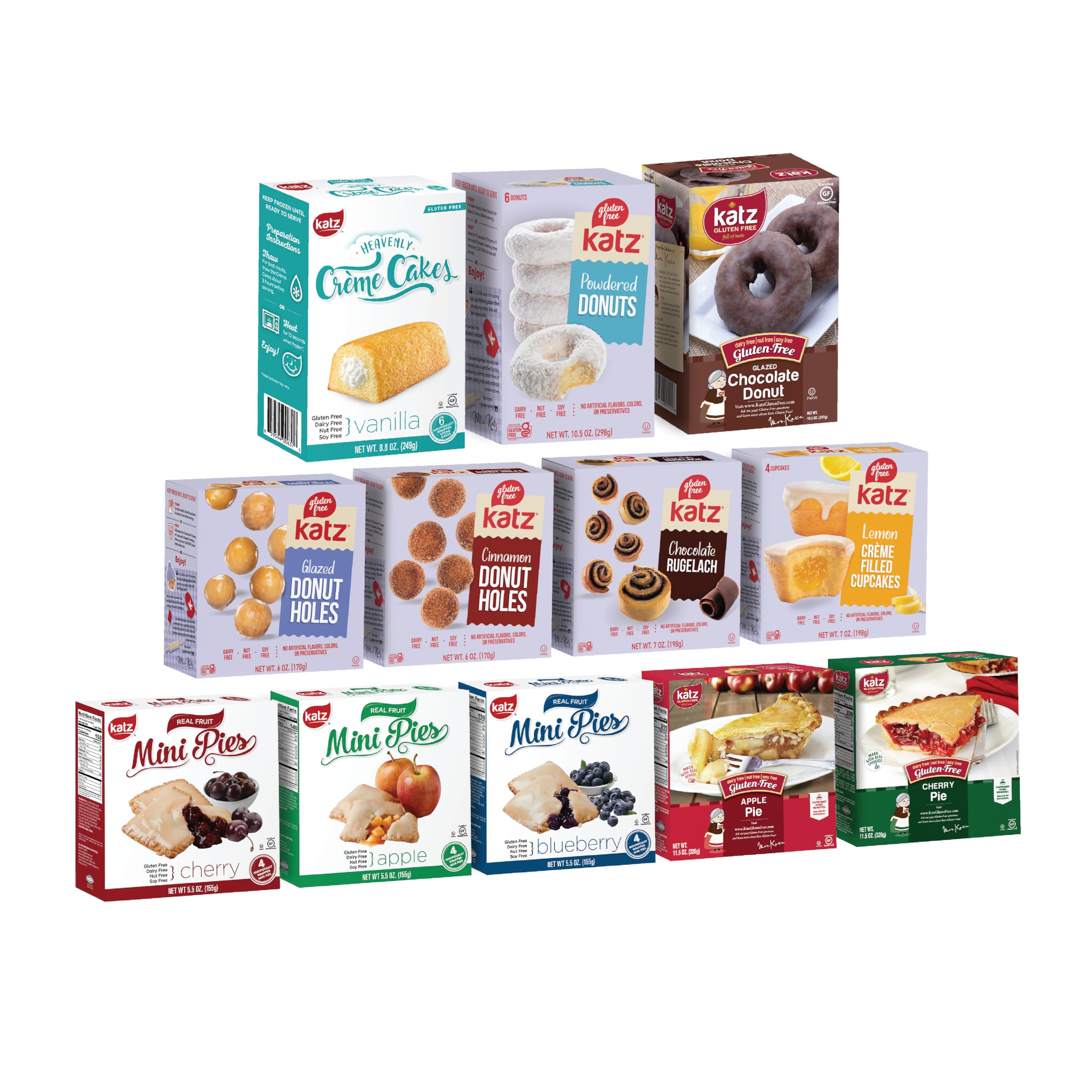 Katz Gluten Free Top 12 Best Sellers Variety Pack - Donuts, Donut Holes, Mini Fruit Pies, Crème Cakes, Cupcakes & Rugelach | Dairy Free, Nut Free, Soy Free, Gluten Free Snacks (12 Pack) | Perfect for Parties, Gifts & Celiac-Friendly Treats