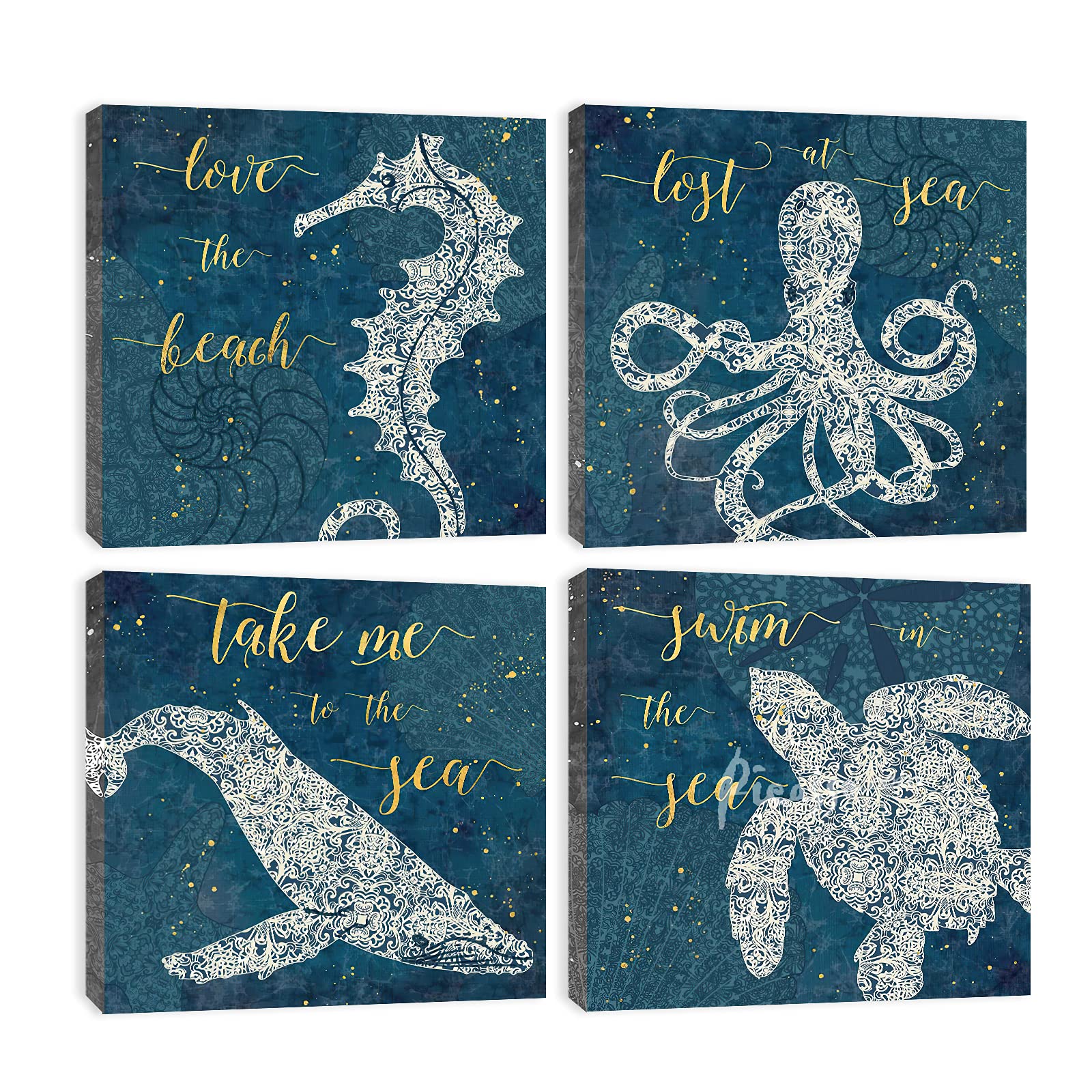 4-Piece Ocean Themed Bathroom Wall Art Set - Sea Turtle, Octopus, Seahorse & Fish Canvas Decor for Kids' Bathroom | Perfect for Coastal, Nautical & Beach Style Home Decor