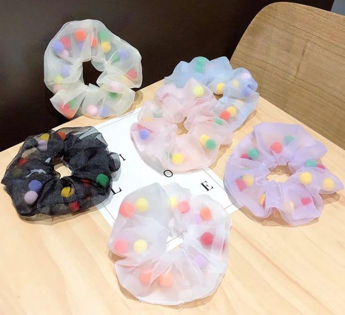 Honbon Soft, Light & Non-Slip Chiffon Scrunchies with Mesh Pom Pom Balls - 12 Pack Colorful Hair Ties for Women & Girls (Thin/Thick Hair) - Perfect for School, Work, Parties & Everyday Styling