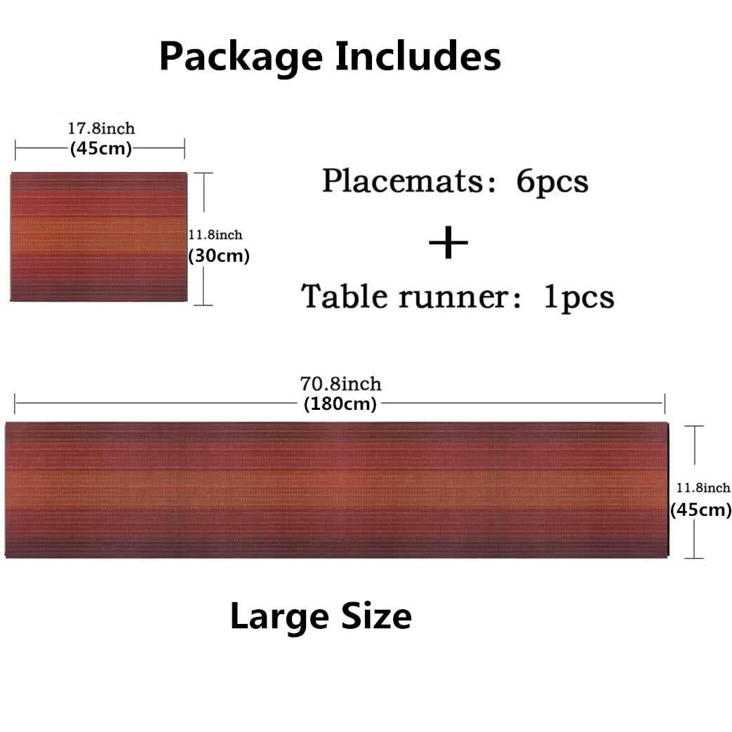 Washable PVC Table Placemats Set - 6 Woven Vinyl Dining Mats + 1 Table Runner in Wine Red | Waterproof & Durable for Everyday Meals, Dinner Parties & Holiday Decor