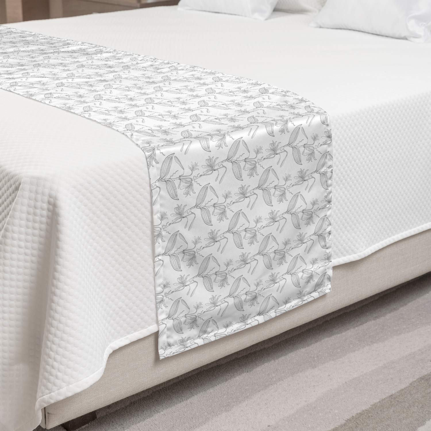 Ambesonne Botany Bed Runner - Orchid Flower Blossom Design, Minimalist Grey and White Decorative Bed Scarf for Hotels, Homes & Guestrooms | Perfect for Bedroom Decor, Wedding Accents & Luxury Bedding