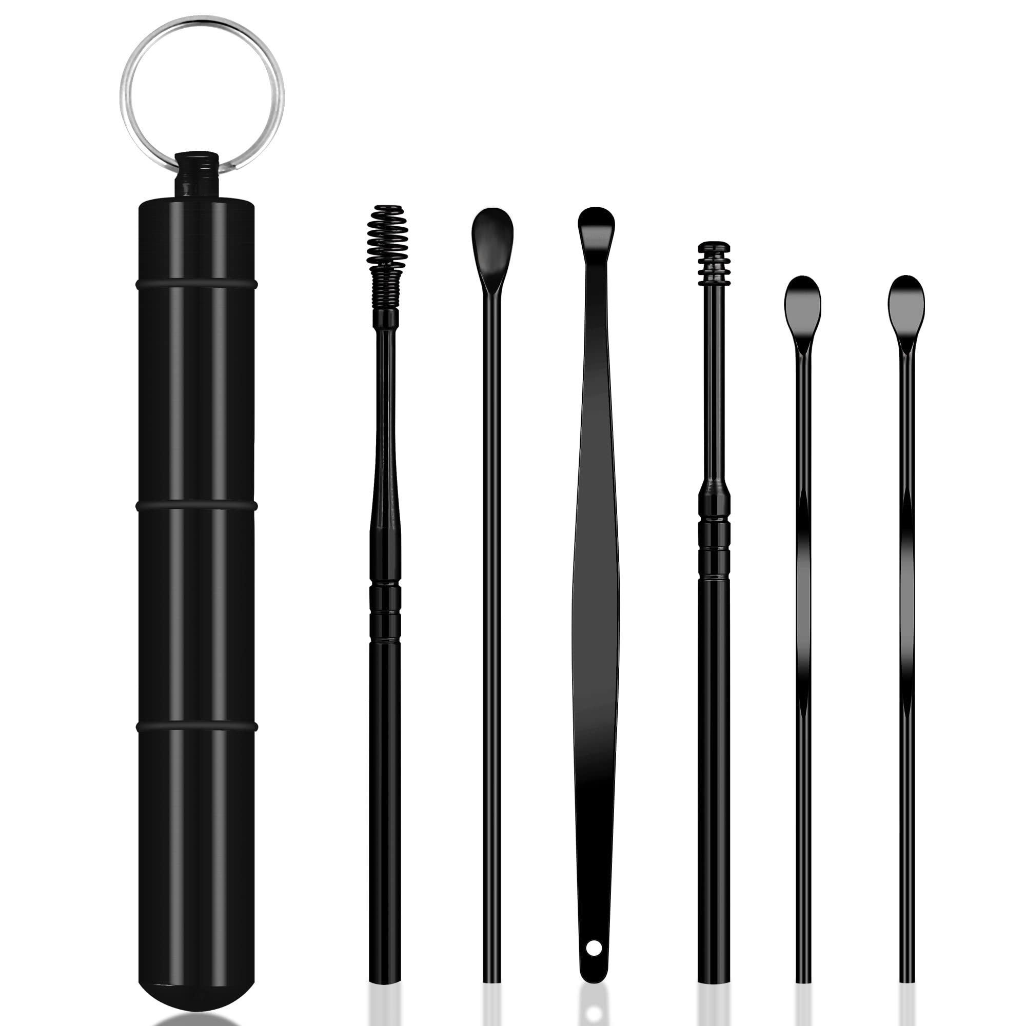 6-in-1 Stainless Steel Ear Wax Removal Kit with Ear Pick, Curette & Keychain Box - Safe Earwax Cleaner Tool Set for Adults & Kids - Perfect for Travel, Home Use & Personal Hygiene Care (Black)