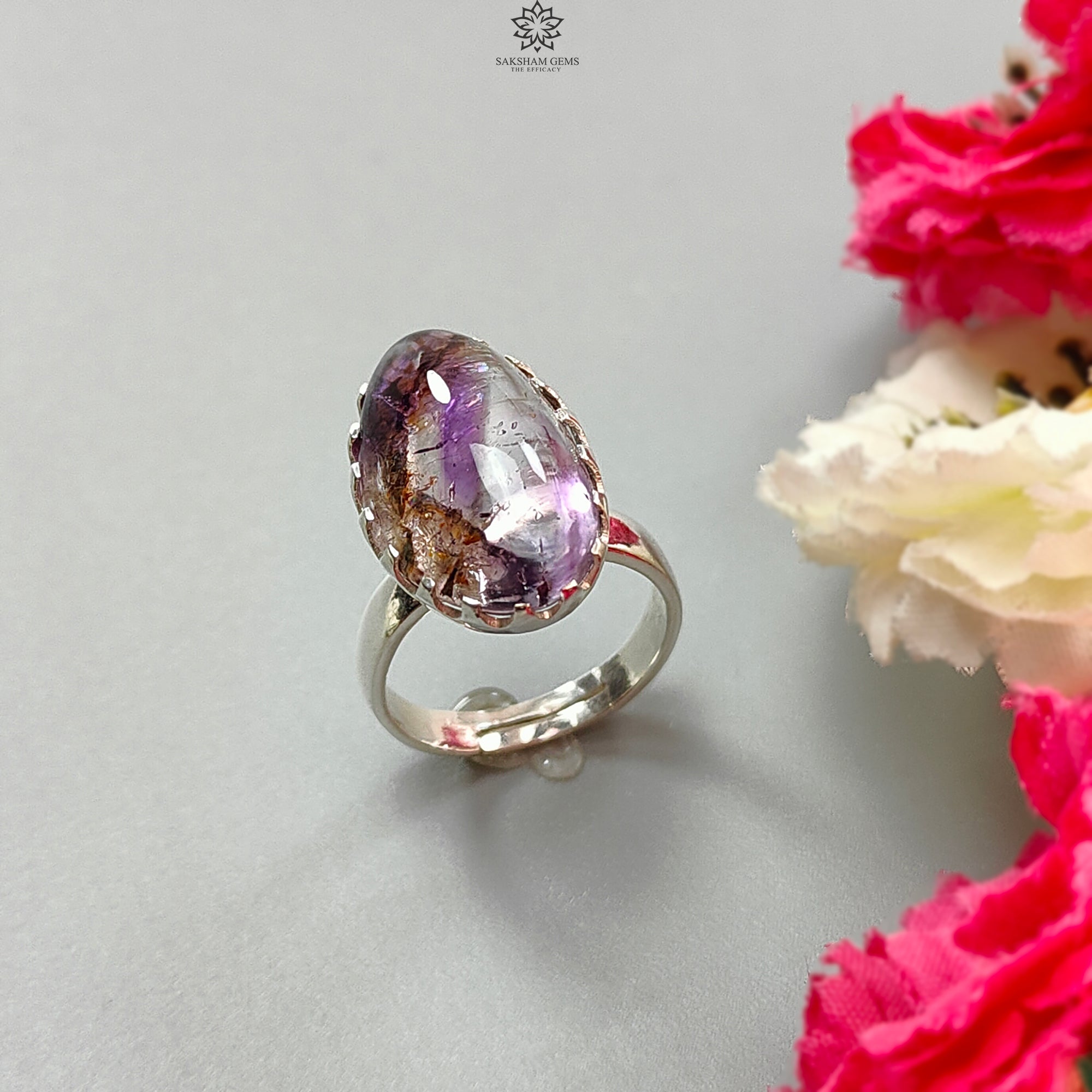 Natural Untreated Super Seven Amethyst 925 Sterling Silver Adjustable Ring for Women - 6.33gms Fancy Bezel Set Jewelry for Healing, Meditation & Spiritual Gifts