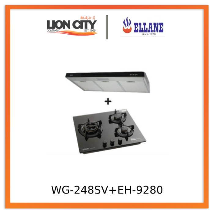 Ellane 60cm/90cm Slimline Hood with Black Panel EH 9280 + Ellane WG 248SV 3 Burner Glass Hob - Modern Kitchen Ventilation & Cooking Solution for Home Chefs