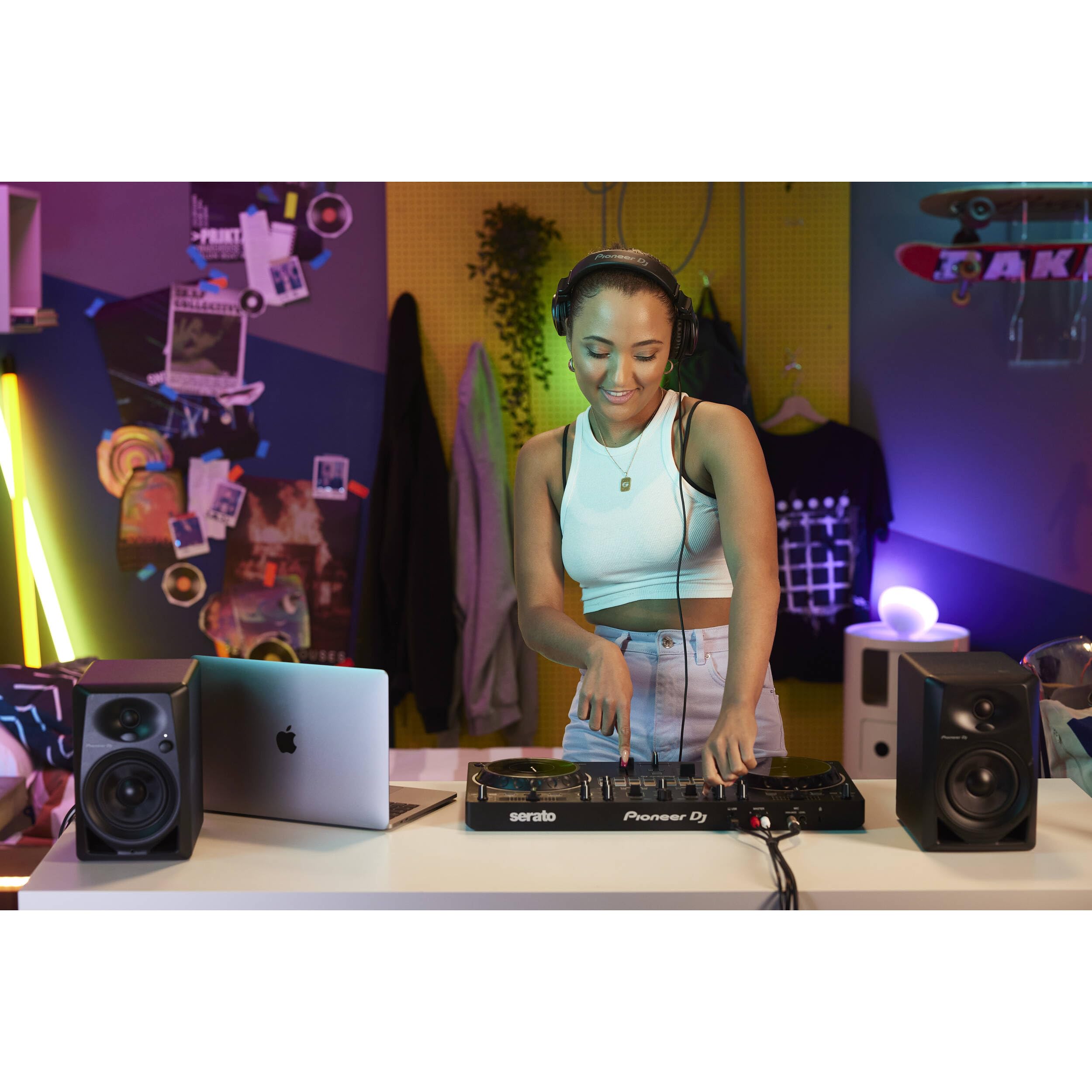 Pioneer DDJ-REV1 Professional DJ Controller Bundle with Adjustable Laptop Stand, Monitoring Headphones, Essential Cables & Polishing Cloth - Perfect for Live Performances, Home Studios & DJ Beginners