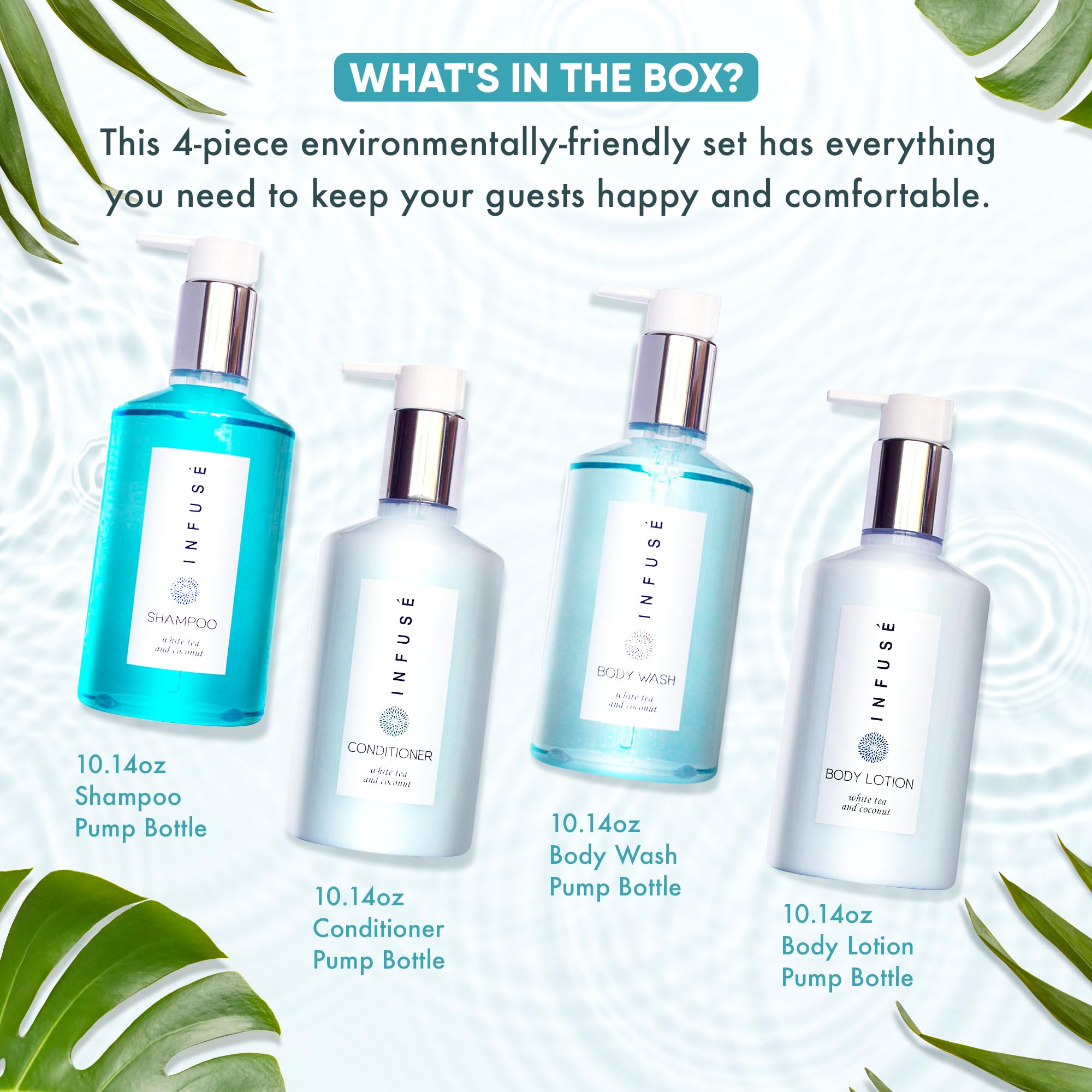 1-Shoppe Infuse 4 Piece Ecobox All-In-Kit | White Tea & Coconut Scented Soap, Shampoo, Conditioner, Body Wash & Lotion Set | 10.14 oz Travel-Size Toiletries | Bulk Hotel Amenities & Personal Care Products for Home, Gym & Vacation Use