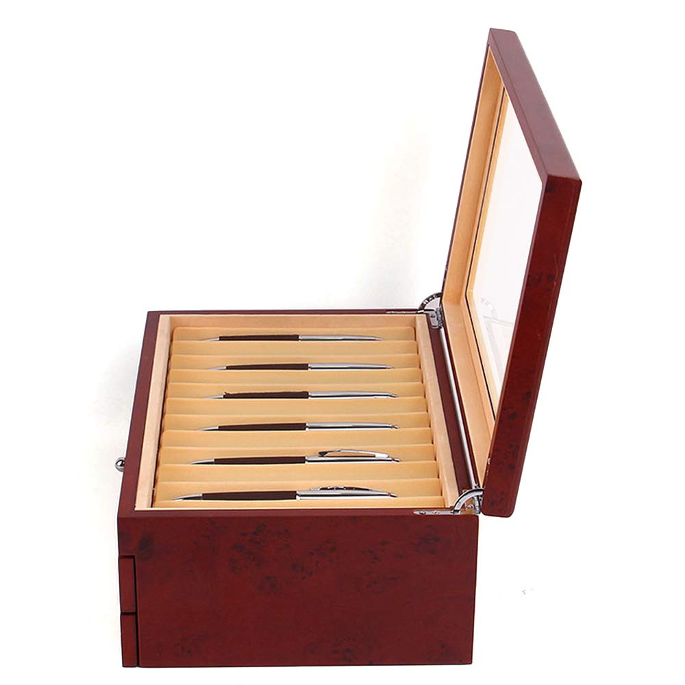 Eapmic 3 Layer Wooden Pen Organizer - 34 Slot Fountain Pen Storage Case with Glass Top Display - Premium Pen Collection Box for Calligraphy & Writing Enthusiasts (Red) - Perfect for Office, Home Desk & Gift Giving