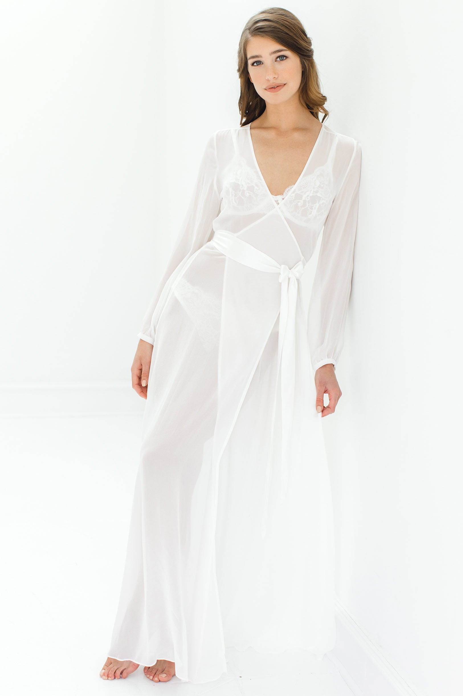 Nina Ivory Silk Chiffon Wrap Robe - Luxurious Lightweight Kimono Style Bathrobe for Women | Perfect for Spa, Bridal Shower & Hotel Getaways
