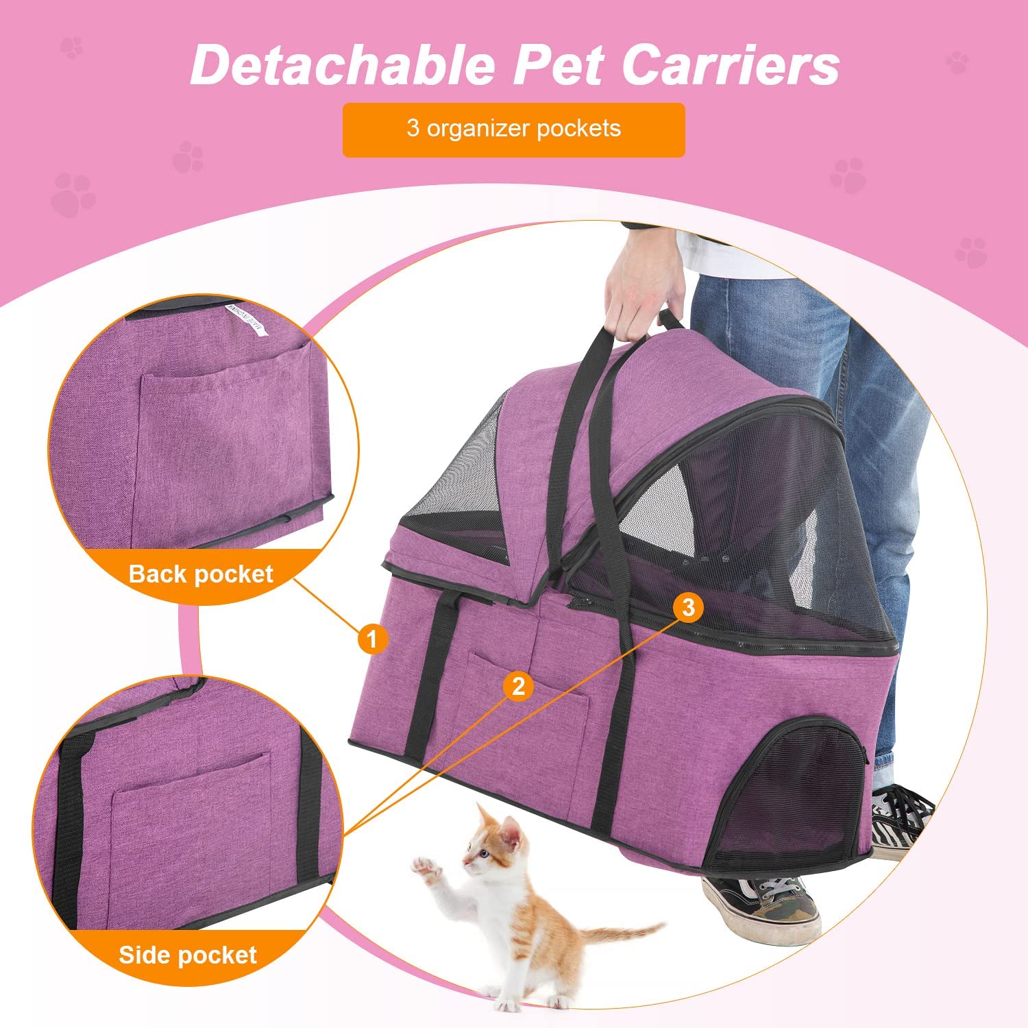 Premium 3-in-1 Foldable Waterproof Pet Stroller for Dogs & Cats - Lightweight Travel & Jogging Carrier for Small/Medium Pets (Pink) | Perfect for Park Walks, Vet Visits & Outdoor Adventures