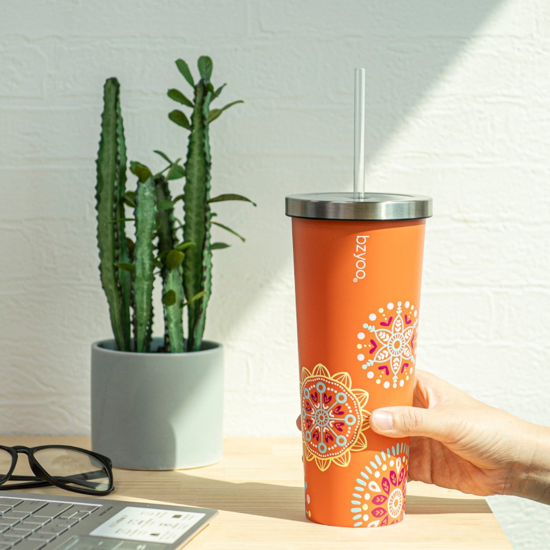 24oz Double Wall Vacuum Insulated Stainless Steel Tumbler with Straw Lid - Orange Madallion Design | Leakproof Travel Mug for Coffee, Tea & Cold Drinks | Perfect for Office, Gym & Outdoor Activities