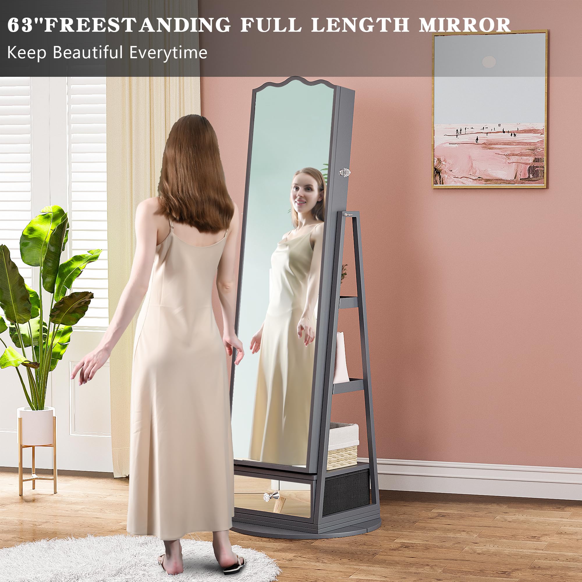 360° Rotating LED Jewelry Armoire with Full-Length Mirror - Large Capacity Jewelry Organizer with Lights & Lock - Floor Standing Mirror Cabinet with Storage Shelves for Bedroom, Cloakroom - Perfect for Organizing Necklaces, Rings & Accessories in Walk-In Closets or Dressing Rooms