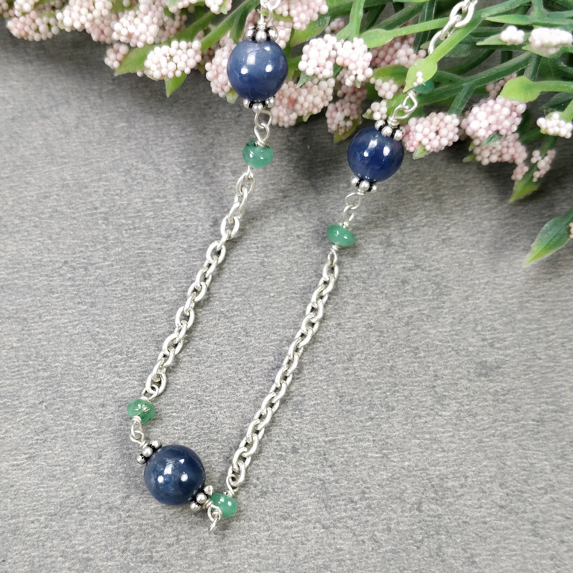 Natural Blue Sapphire & Emerald Beads Necklace - 925 Sterling Silver Chain Jewelry for Women | Elegant Gift for Her, Birthday, Anniversary & Special Occasions | Perfect for Weddings, Parties & Everyday Wear