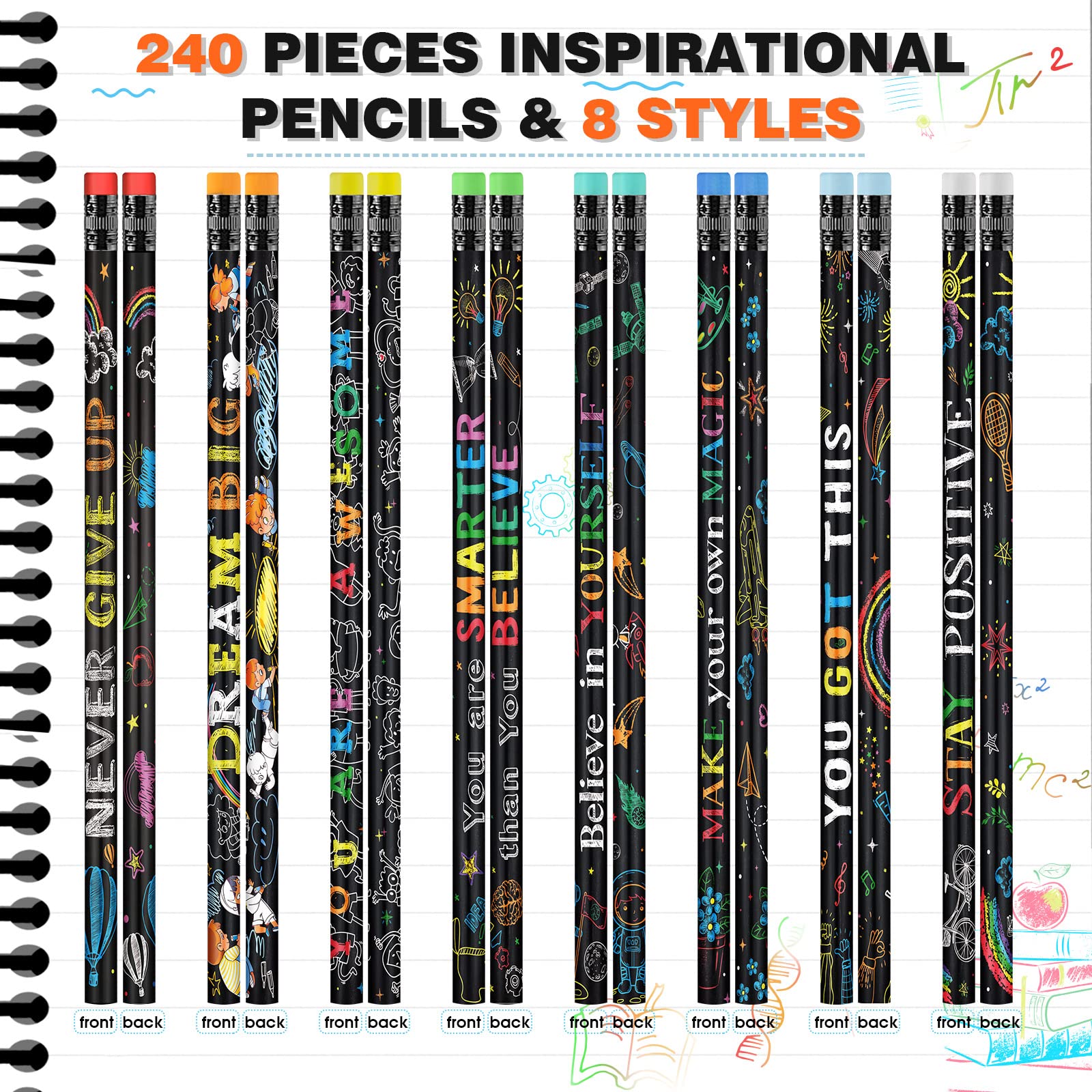240 Pack Inspirational Motivational Pencils with Erasers - Colorful Wooden Pencils with Uplifting Quotes for Students, Teachers & Classroom Supplies - Perfect for Back to School, Study Motivation & Positive Learning Environment