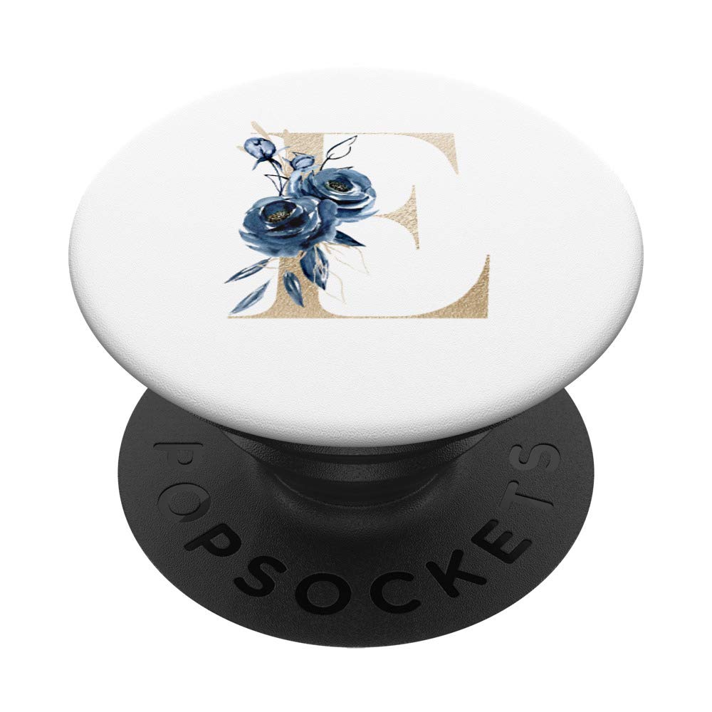 Gold Foil Floral Monogram Letter E - Pretty Blue Watercolor PopSocket Swappable Grip for Phones & Tablets - Perfect for Everyday Use and Stylish Accessorizing
