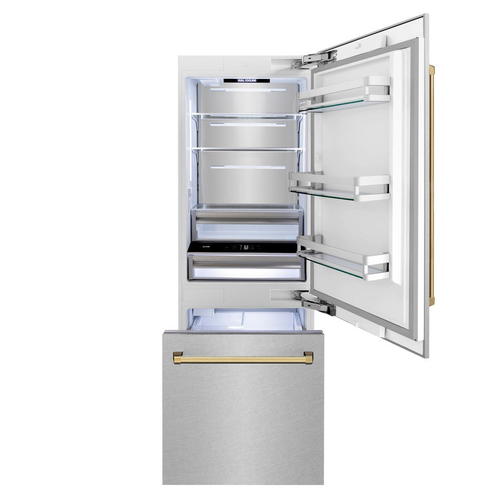 ZLINE Autograph Edition 30-Inch Built-In Bottom Freezer Refrigerator - 16.1 cu. ft. Capacity, Water Dispenser & Ice Maker - Satin Stainless Steel with Polished Gold Accents (RBIVZ SN 30 G) - Perfect for Modern Kitchens & Luxury Homes