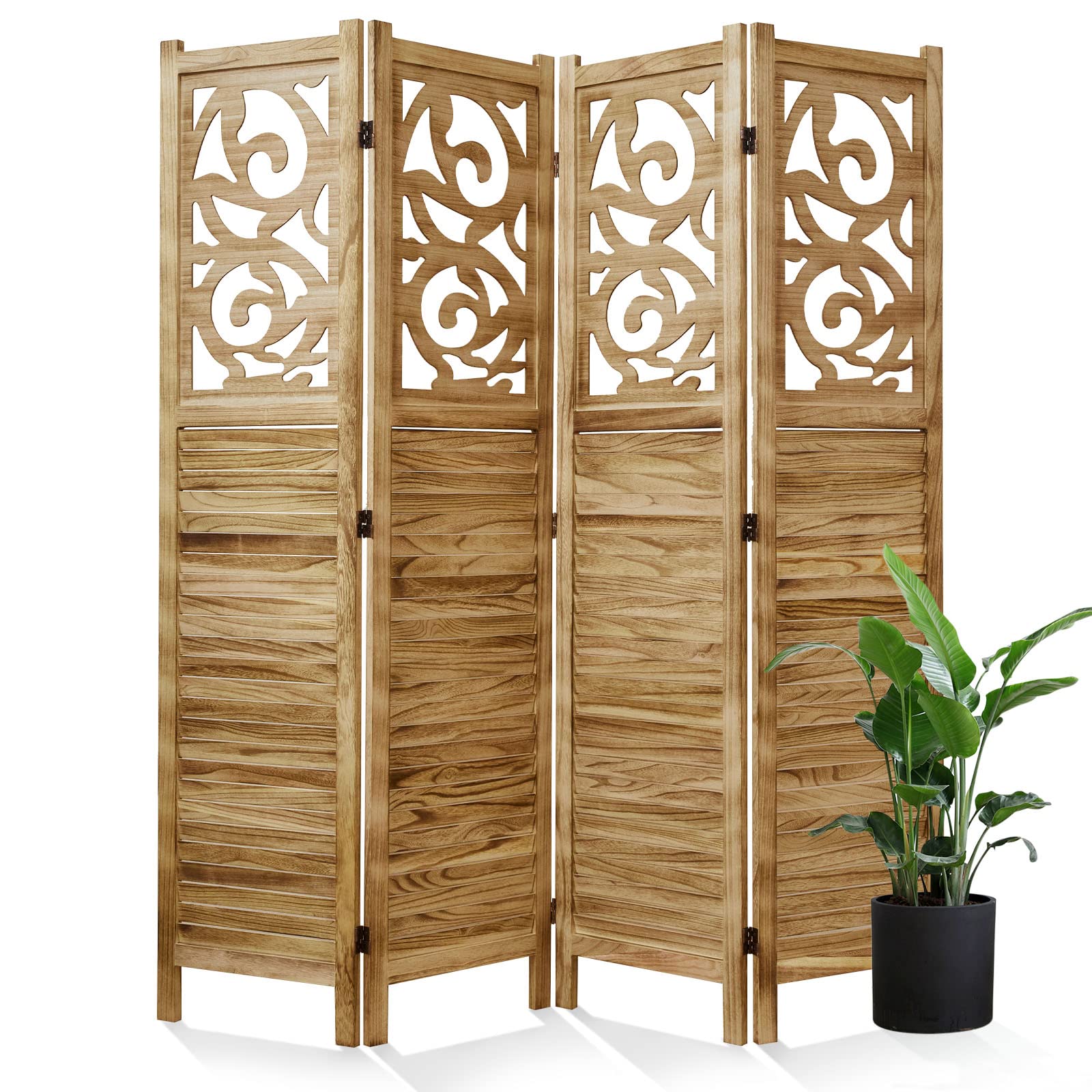 Wooden Room Divider Folding Partition Screen - 4 Panel Carved Wall Divider 67x60 Inches for Home, Office, Garden & Terrace | Portable Space Separator for Privacy, Decoration & Room Organization