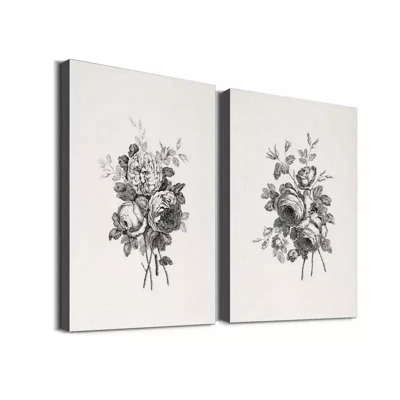 Vintage Floral Black and White Framed Canvas Wall Art - 2 Pack 50x75cm High Quality Print, Ready to Hang | Australian Made | Perfect for Living Room, Bedroom & Office Decor
