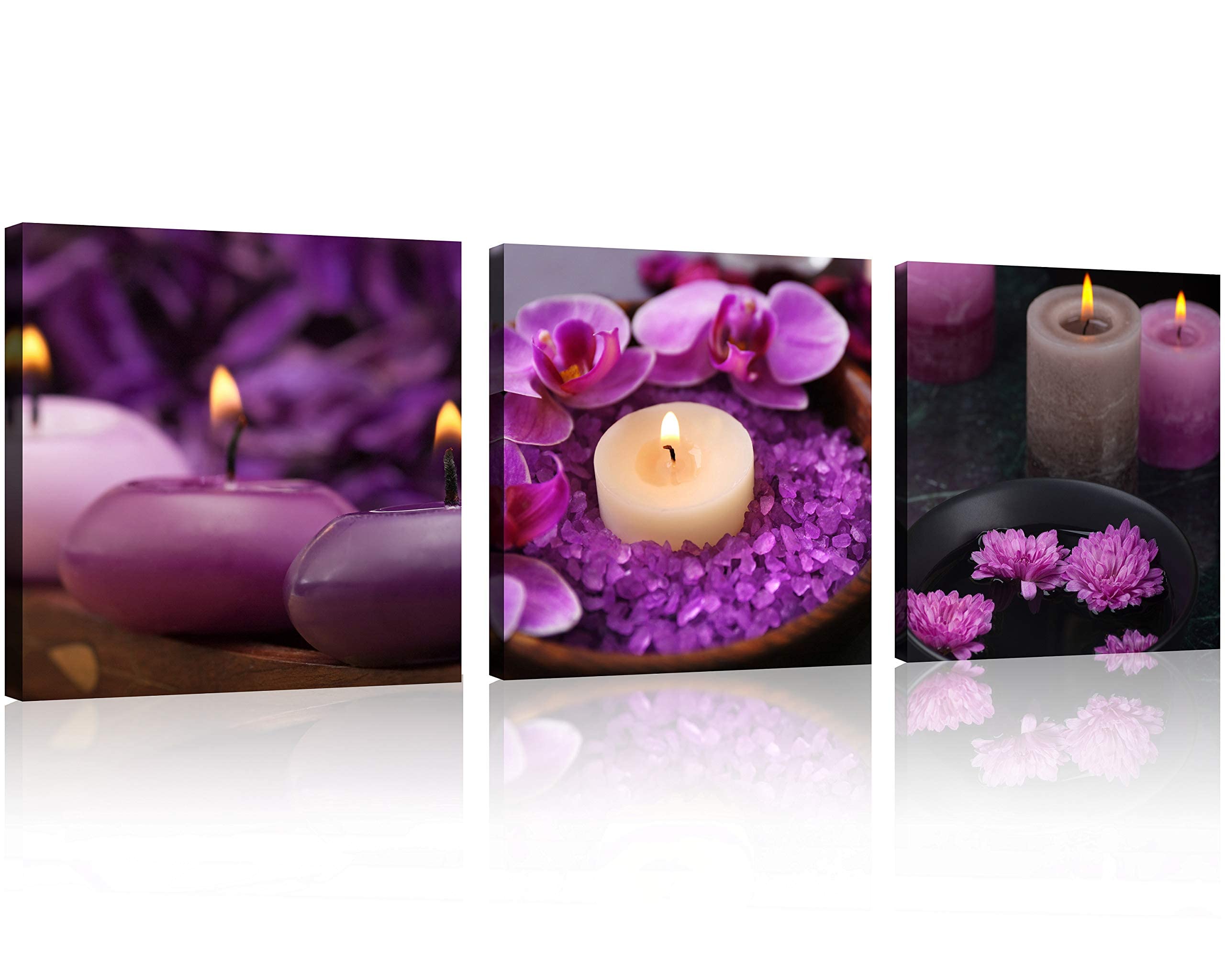 TutuBeer 3-Panel Purple Floral Canvas Wall Art - 20x20 Inch Framed Zen Spa Decor with Candles Still Life - Perfect for Home, Office, Kitchen & Meditation Room Wall Decor - Ready to Hang