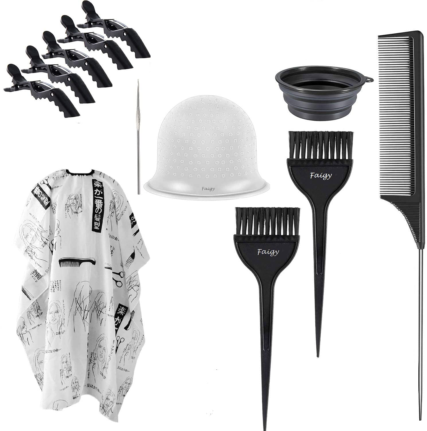 Faigy 11-Piece Professional Hair Dye Kit with Color Brush, Mixing Bowl, Highlighting Cap, Salon Apron & Clips - Complete Hair Coloring Tools Set for Home & Salon Use