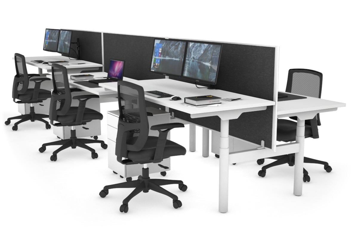 Flexi Premium Height Adjustable 6-Person H-Shaped Office Workbench - White Frame [1800mm x 700mm] for Collaborative Workspaces & Team Projects