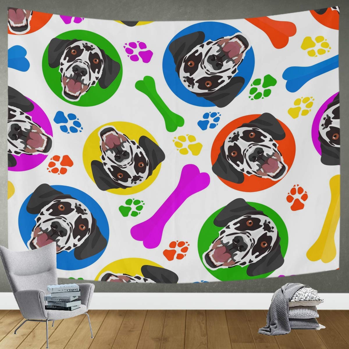 DOMIKING Colorful Playful Dog Wall Tapestry - Large 60x51in Bohemian Room Decor for Bedroom, Living Room | Perfect for Boho Home Decor, Dorm Room & Party Backdrop