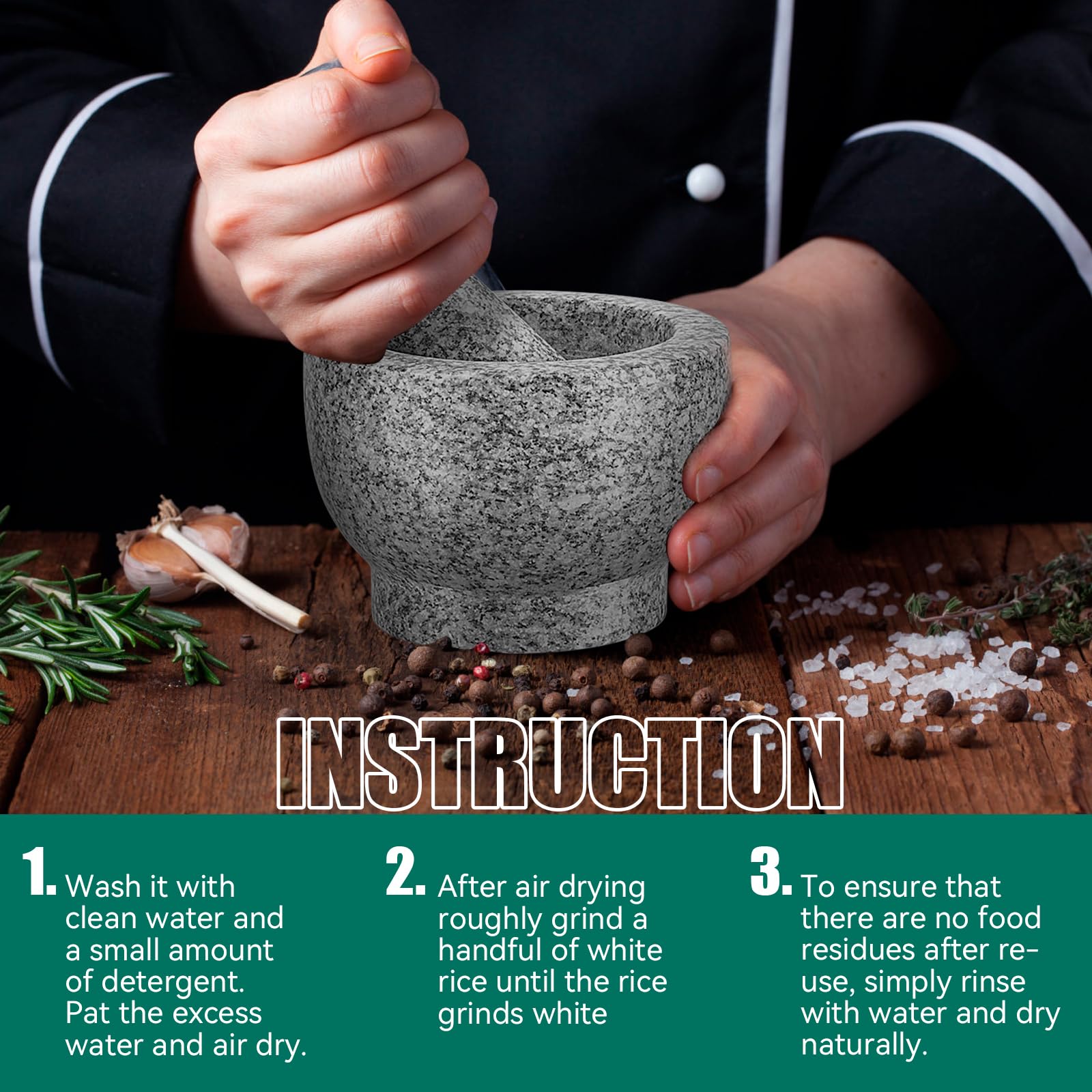 Premium Gray Granite Mortar and Pestle Set - Heavy Duty Stone Spice Grinder & Herb Crusher for Guacamole, Salsa, Nuts & Seasonings - 2 Cup Capacity - Perfect for Kitchen, Cooking & Ayurvedic Medicine Preparation