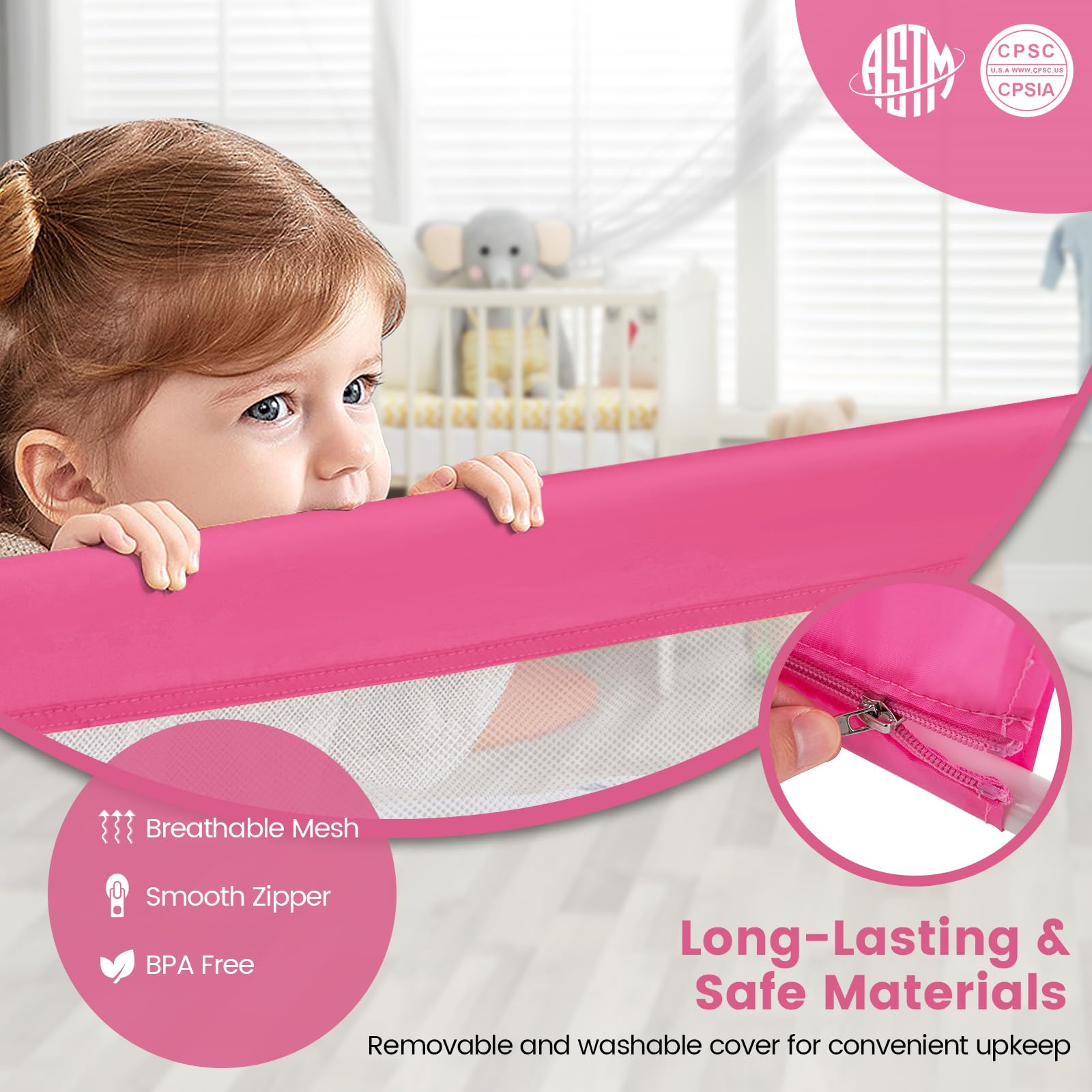 **HONEY JOY 59-inch Extra Long Toddler Bed Rail – Portable Safety Guardrail with Double Child Lock, Foldable Baby Bed Rail for King, Queen, Full & Twin Mattresses (Pink, 2 Pack) – Perfect for Travel, Daycare & Home Safety**