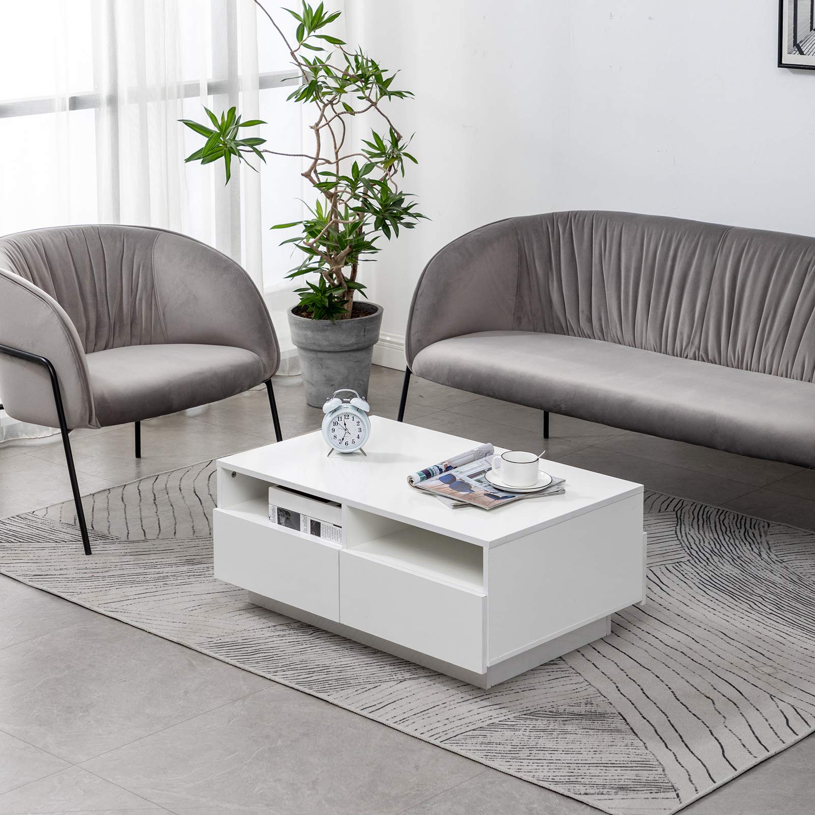 Modern White High Gloss Coffee Table with 4 Drawers - Rectangle Living Room & Home Office Side Table | Perfect for Small Spaces, Apartments, and Contemporary Decor