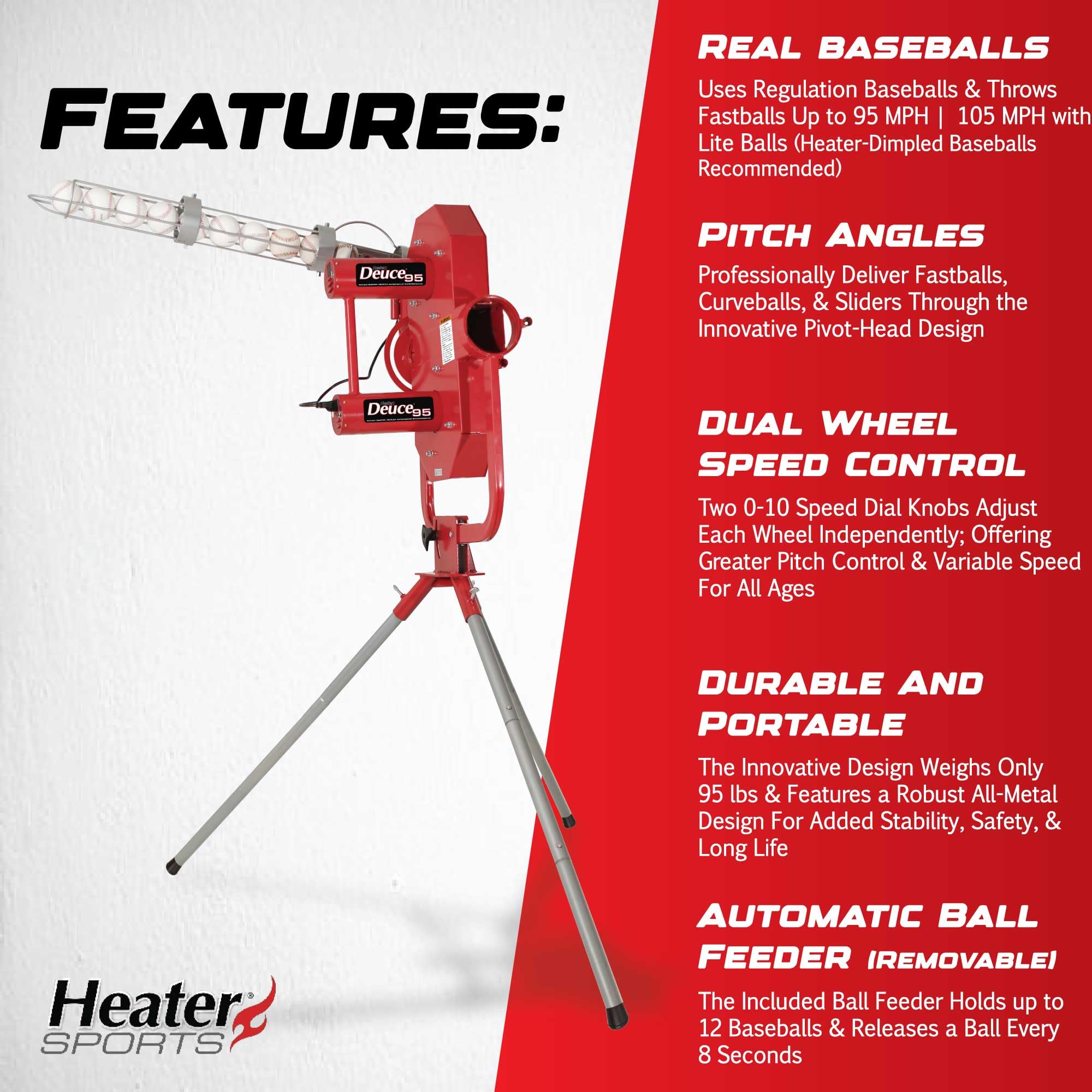 Heater Sports Deuce 95 MPH Adjustable Baseball Pitching Machine with Auto Ball Feeder - Fastball & Curveball Pitching Machine for Training, Practice & Games - Works with Real Baseballs & Machine Balls - Perfect for Youth, High School & Adult Baseball Players - Indoor & Outdoor Use