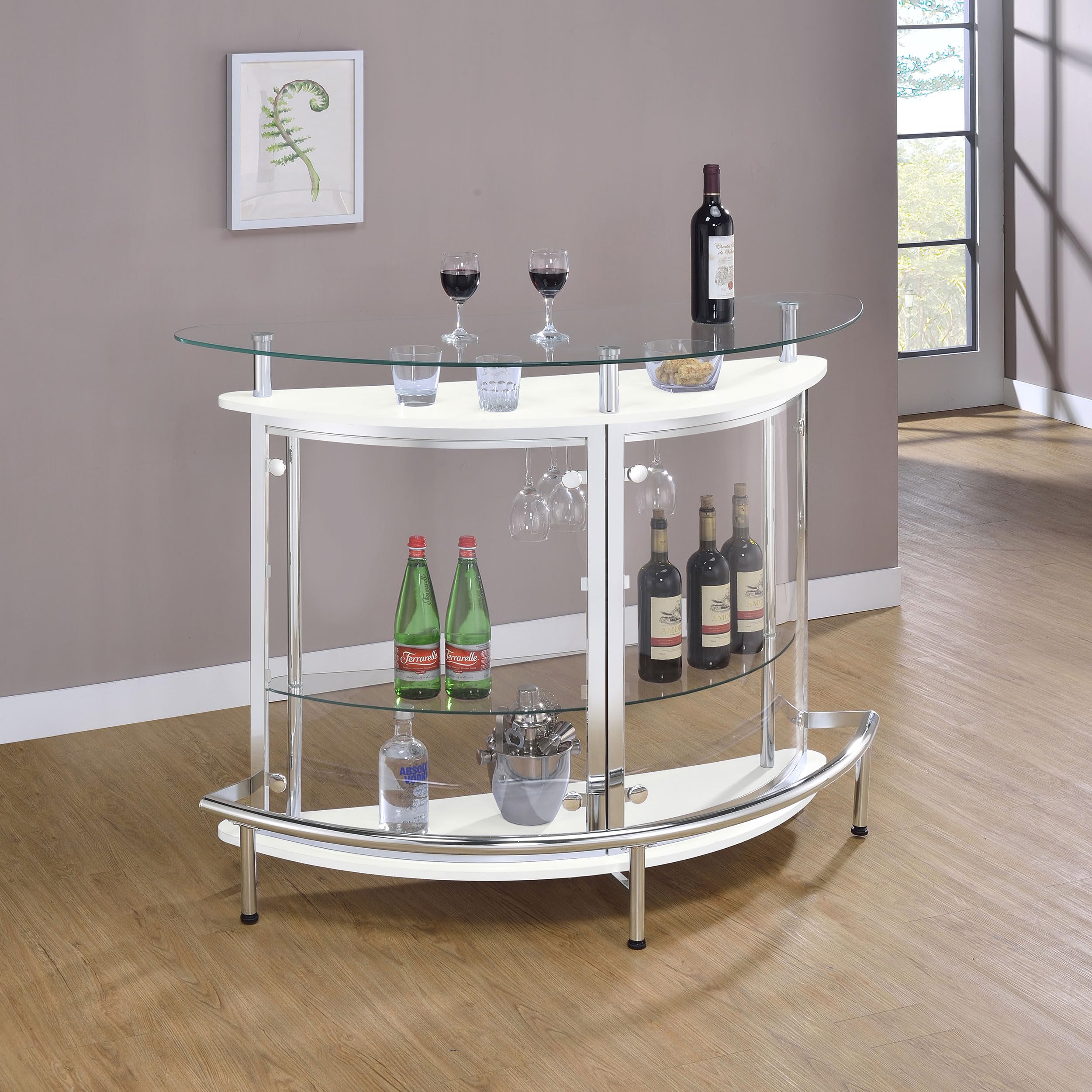 Modern White Freestanding Home Bar Cabinet with Glass Top, 2 Shelves & Wine Glass Rack - Coaster Home Furnishings Amarillo - Perfect for Living Room, Dining Room or Home Bar Setup