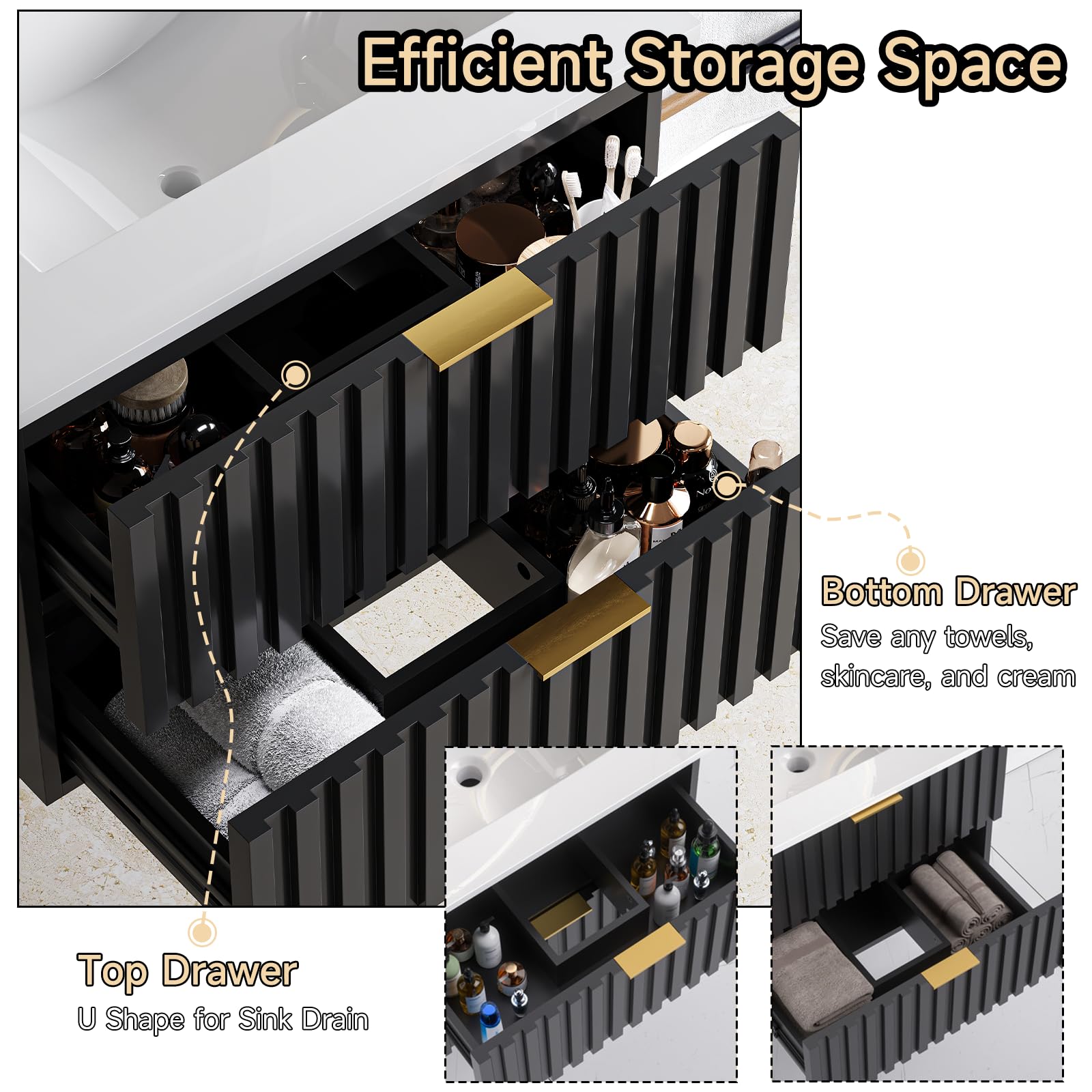 24 Inch Floating Bathroom Vanity with Sink Combo - Modern Wall Mount Storage Cabinet with 2 Fluted Drawers, Metal Handles & Ceramic Integrated Sink - Space Saving Design for Small Bathrooms, Powder Rooms or Apartments (Black)