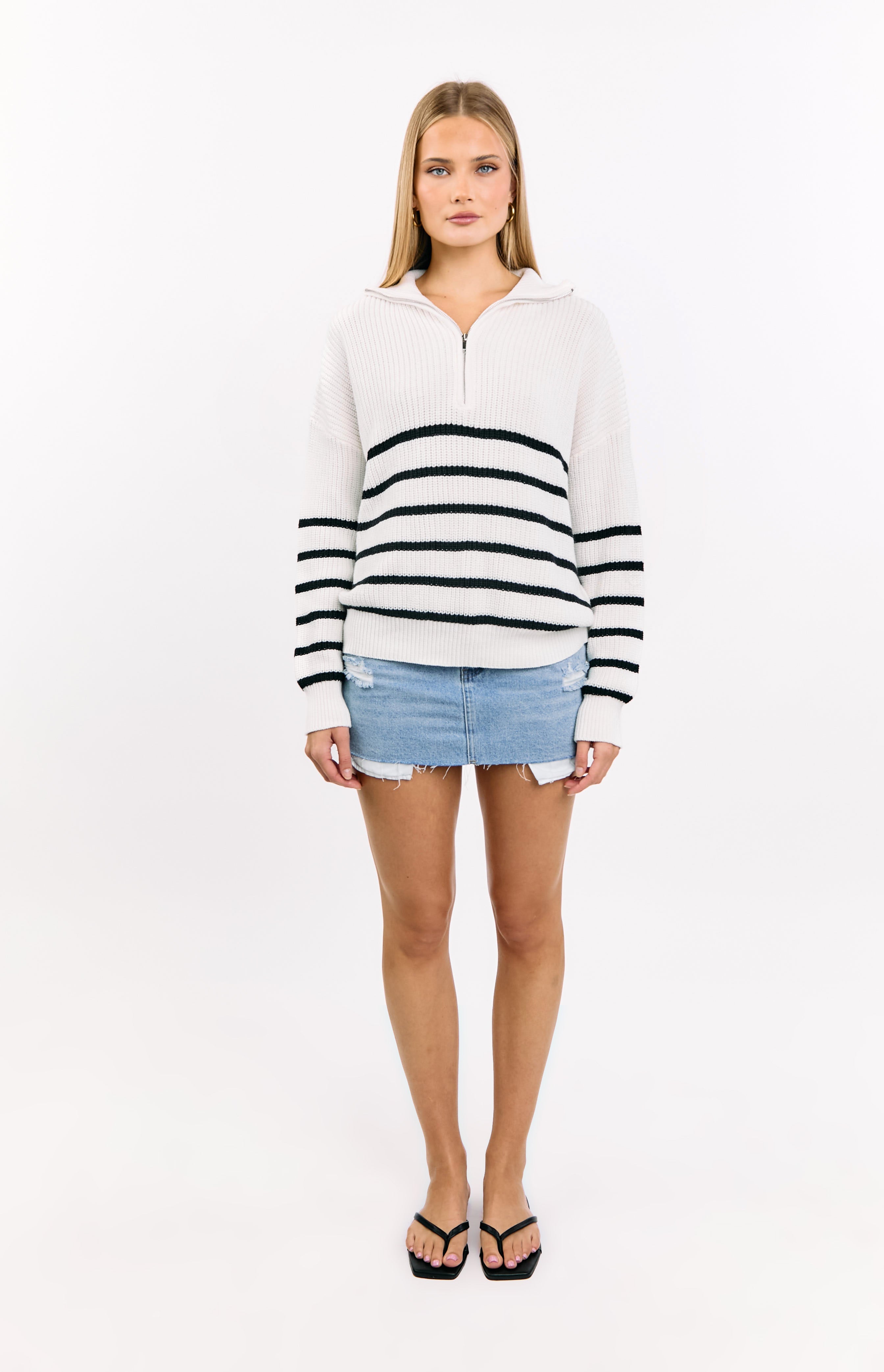 Copenhagen Cream Stripe Quarter Zip Knit Sweater for Men - Casual Pullover for Fall & Winter - Perfect for Office, Outdoors, and Travel