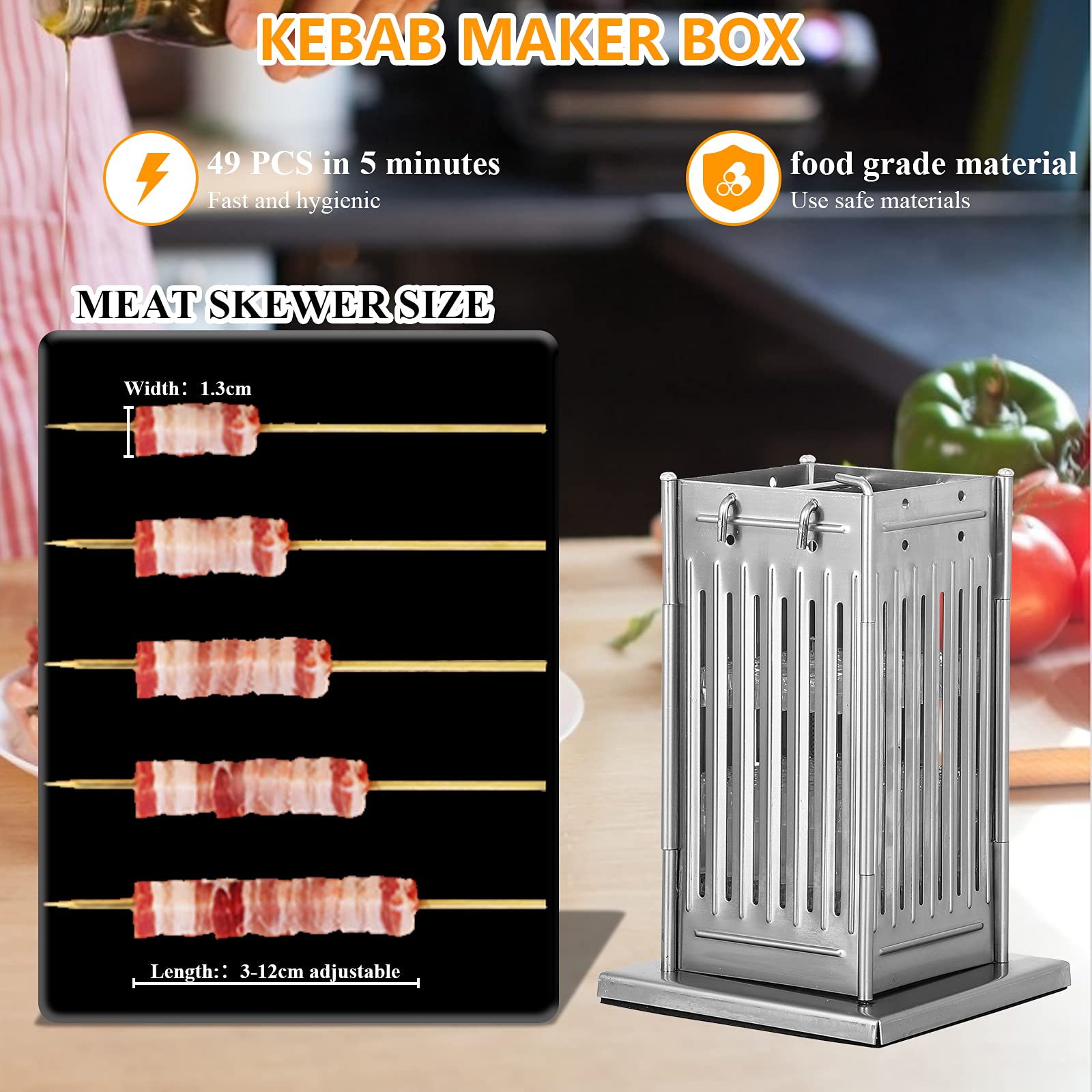 MXBAOHENG 49-Hole Kebab Maker Machine - Stainless Steel Skewer Box for BBQ, Grilling & Kitchen Use - Perfect for Parties, Camping & Outdoor Cooking