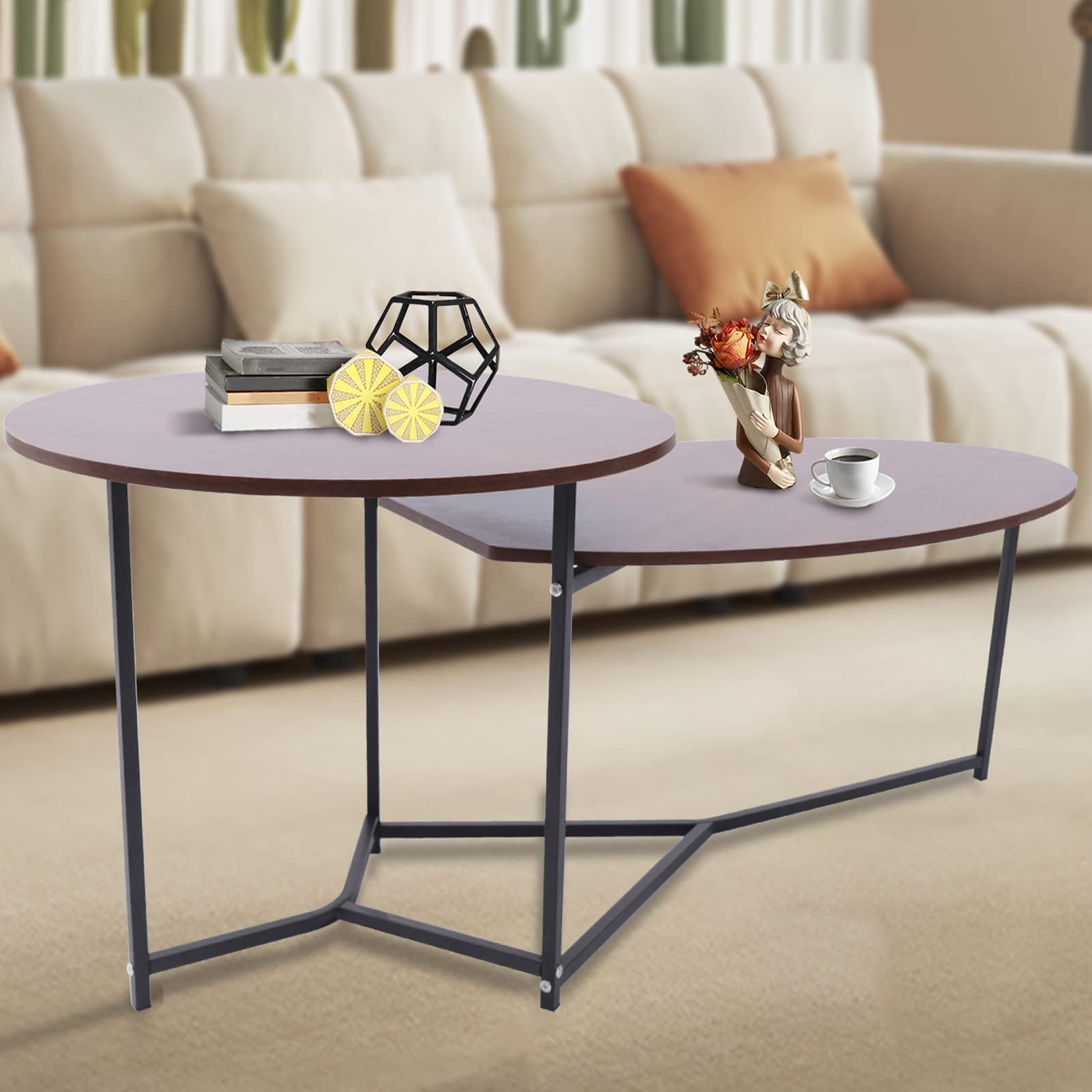 Modern Industrial Coffee Table Set of 2 - Round & Oval End Tables for Living Room, Bedroom & Office - Rustic Unique Design Home Decor - Perfect for Small Spaces, Lounge Areas & Coffee Shop Style